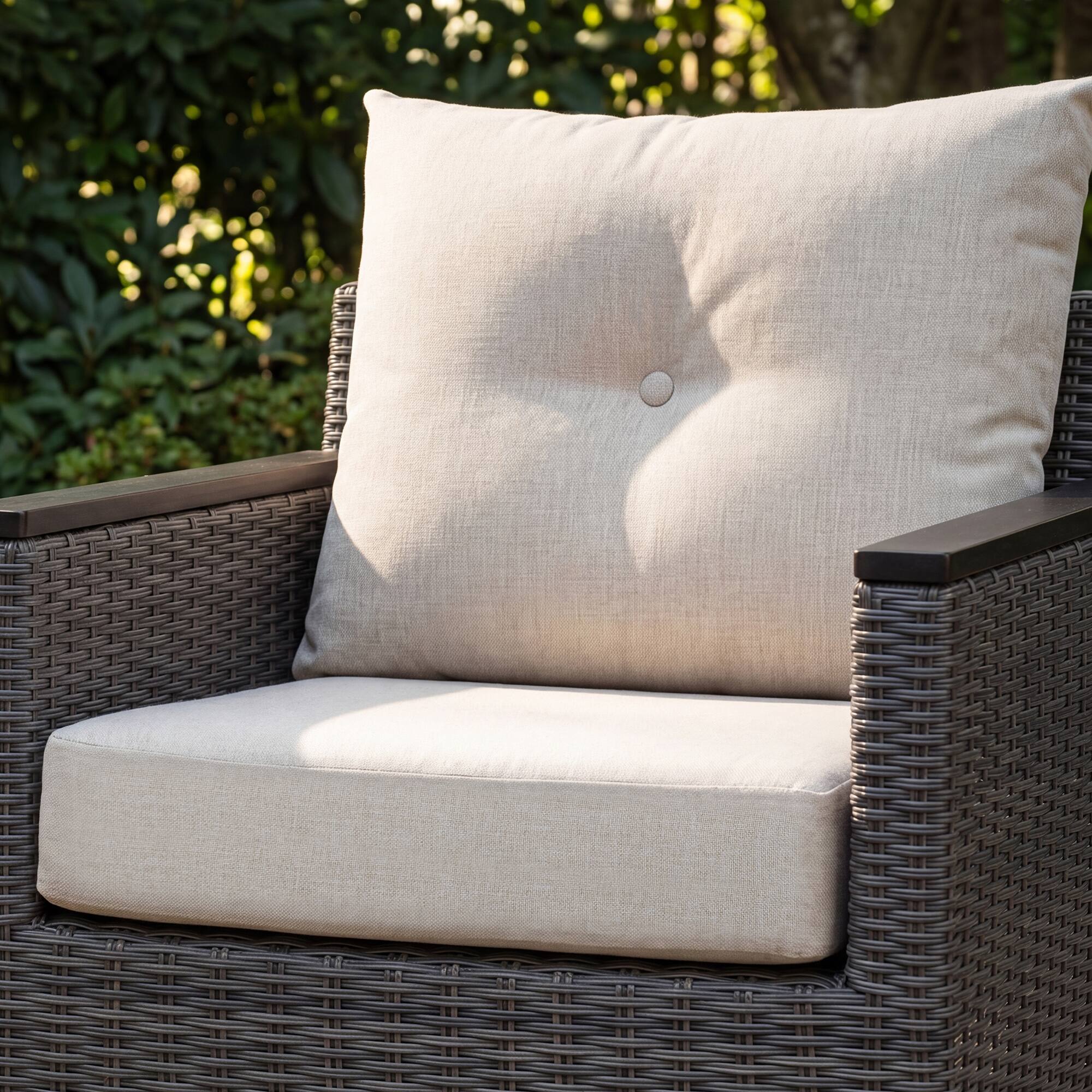 Left. Nuu Garden - 23 x 24 Inch Outdoor Olefin Chair Cushion Set, Tufted Design - Beige.