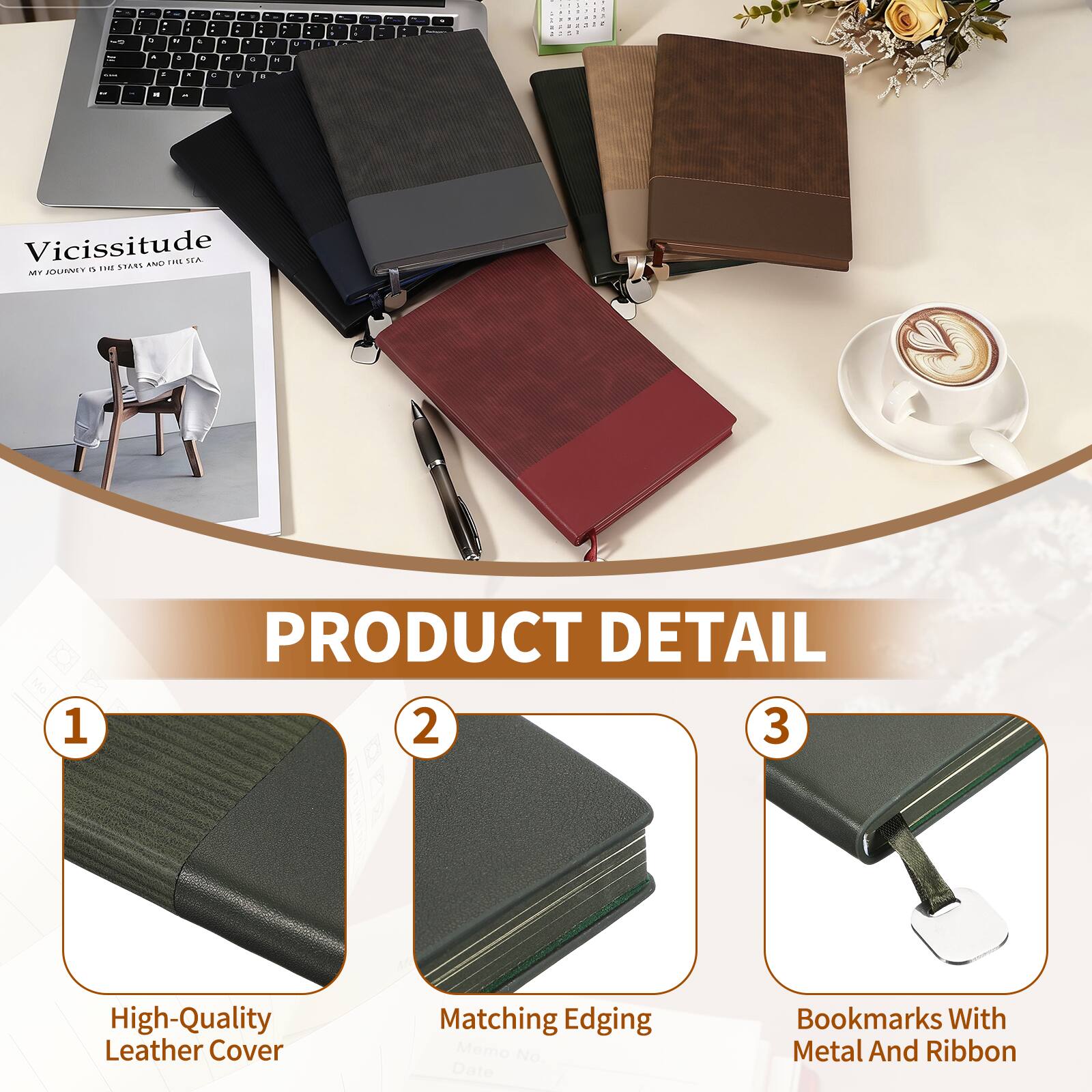 Vicissitude

MY JOURNEY IS THE STARS AND THE SEA

PRODUCT DETAIL

1. High-Quality Leather Cover
2. Matching Edging
3. Bookmarks With Metal And Ribbon