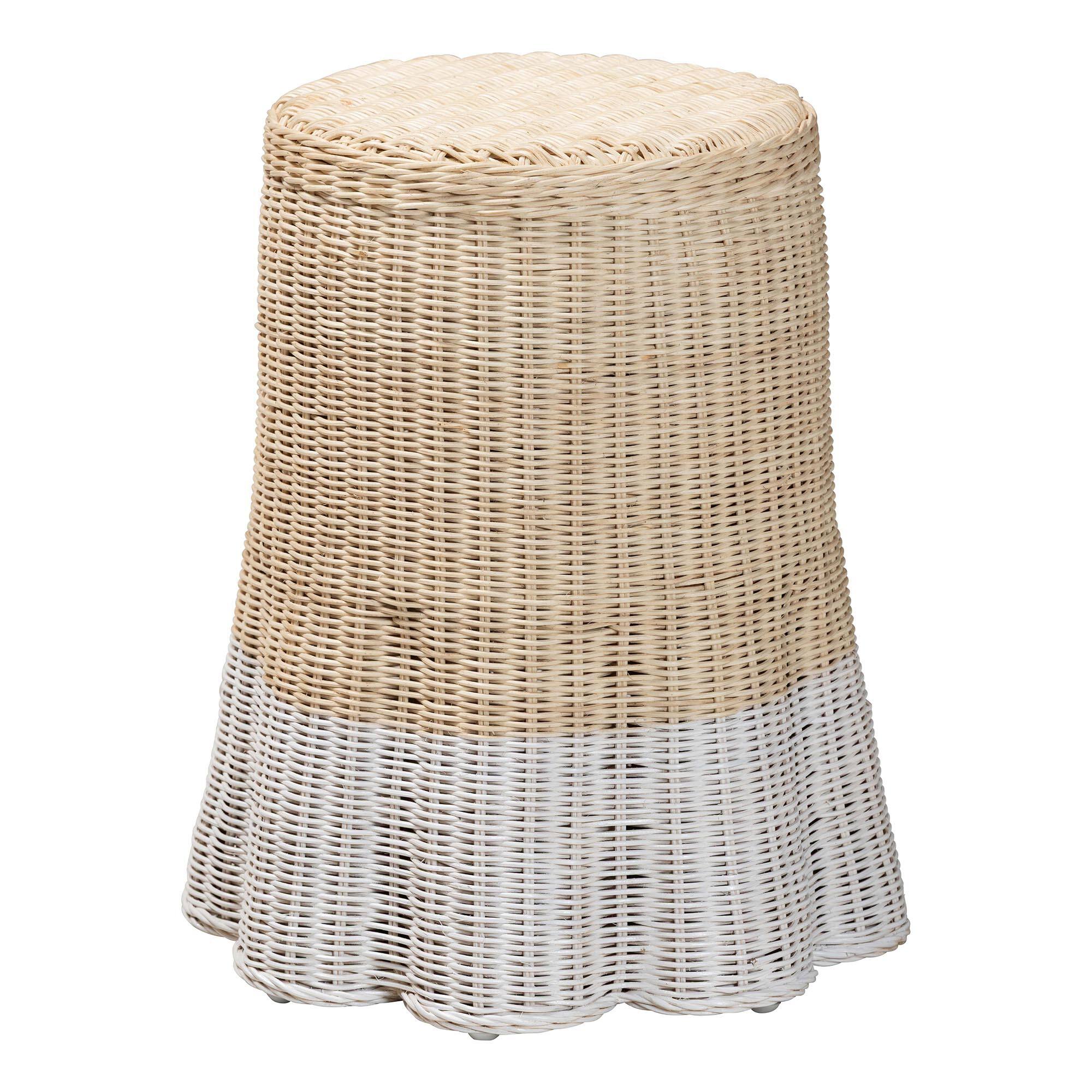 Front. bali & pari - bali & pari Sarna Natural Rattan End Table - Handwoven Wicker Accent Table with Scalloped Base and Two-Tone Finish - Natural Brown/White.