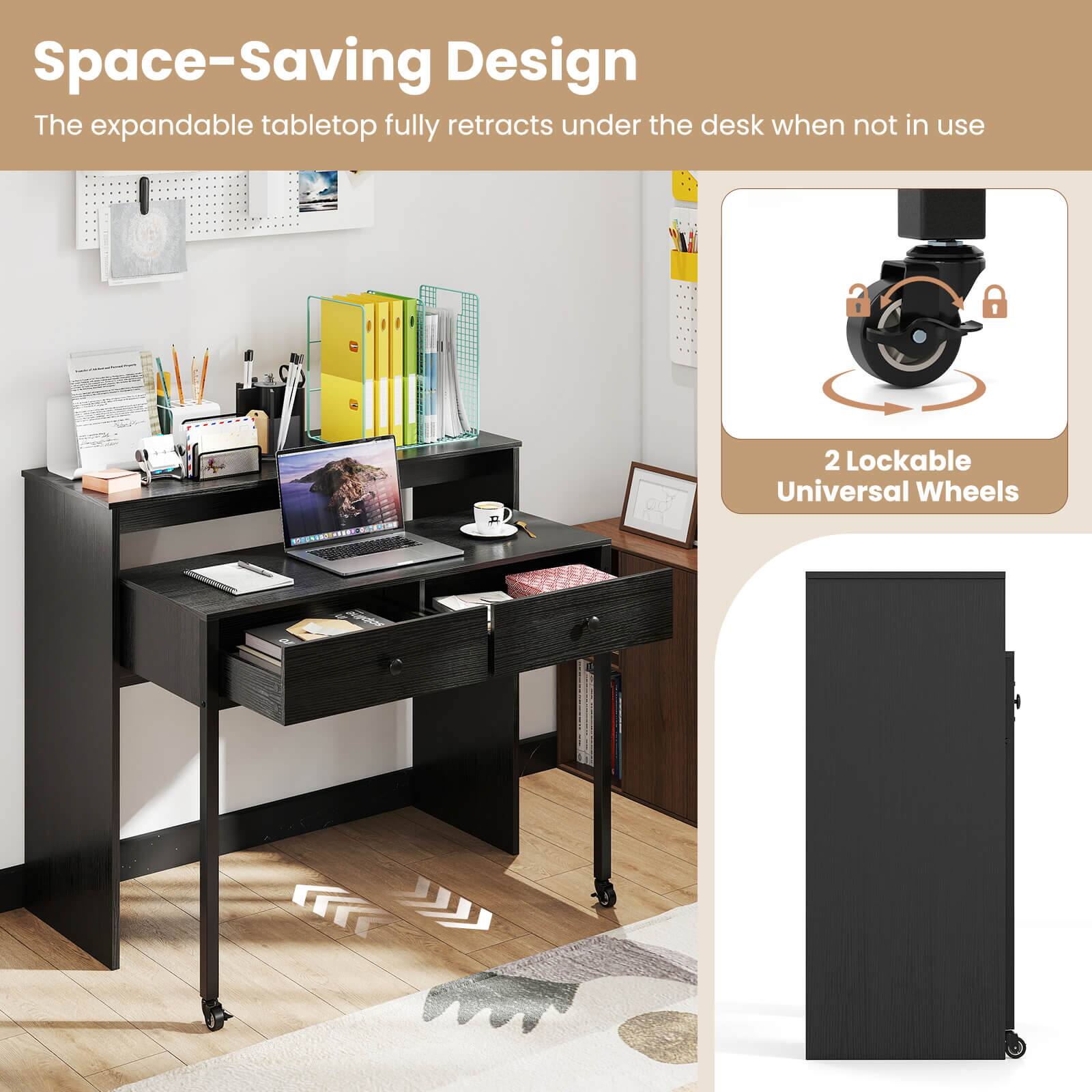 Space-Saving Design  
The expandable tabletop fully retracts under the desk when not in use  

2 Lockable Universal Wheels