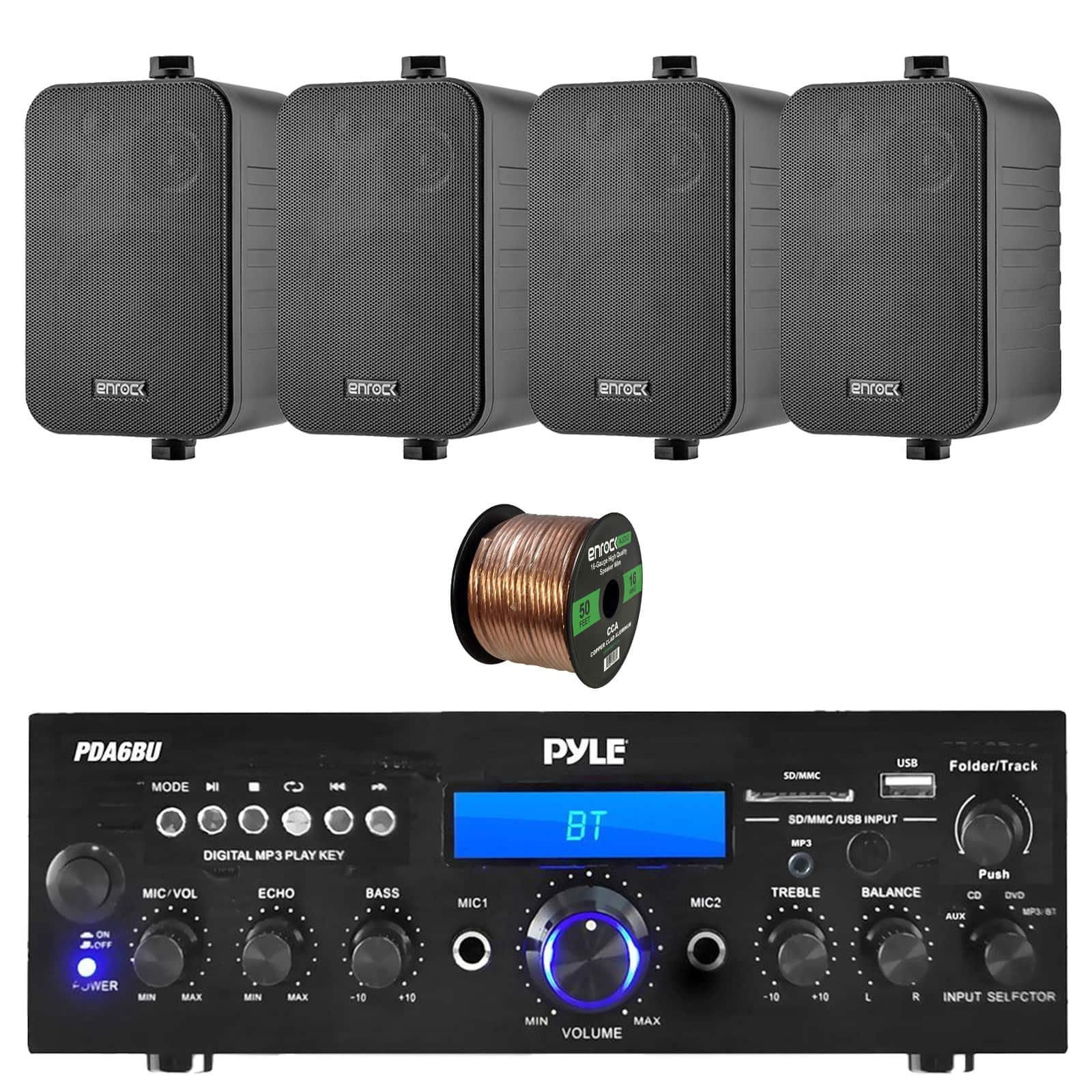 Enrock - Pyle PDA6BU 200-Watt Bluetooth Home Stereo Receiver, 4x 4" 200-Watt 3-Way Black Box Speakers w/Wire