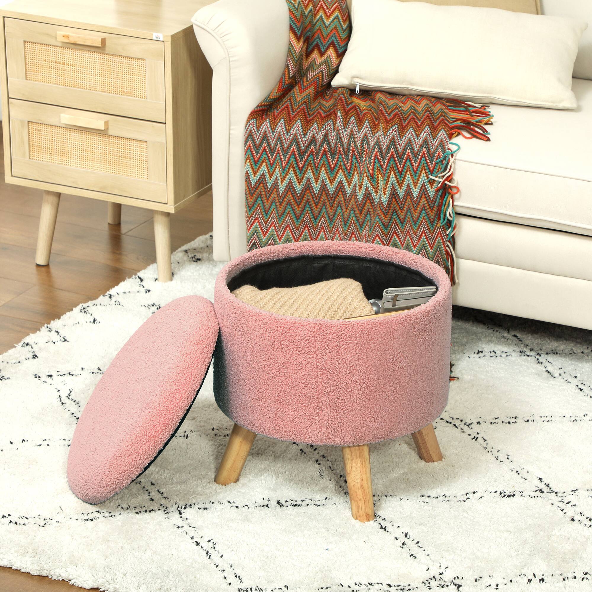 Alt View 8. Homcom - Round Storage Ottoman, Linen Fabric Foot Stool with Removable Top, Small Foot Rest with Hidden Space for Living Room - Pink.