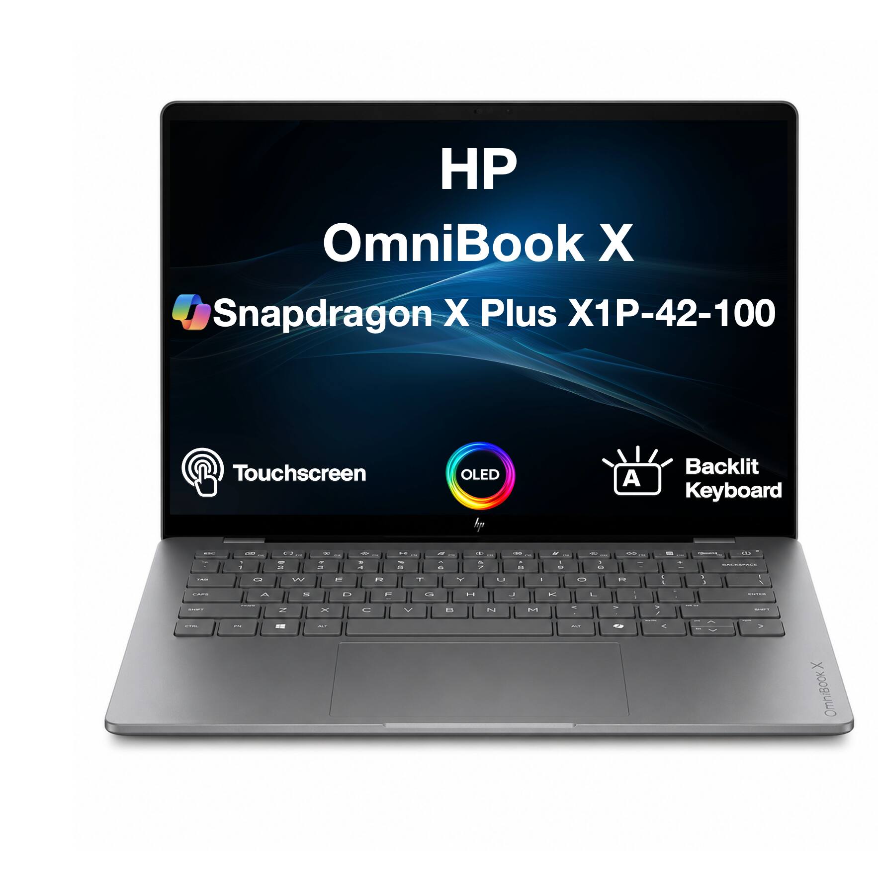 HP OmniBook X  
Snapdragon X Plus X1P-42-100  
Touchscreen  
OLED  
Backlit Keyboard