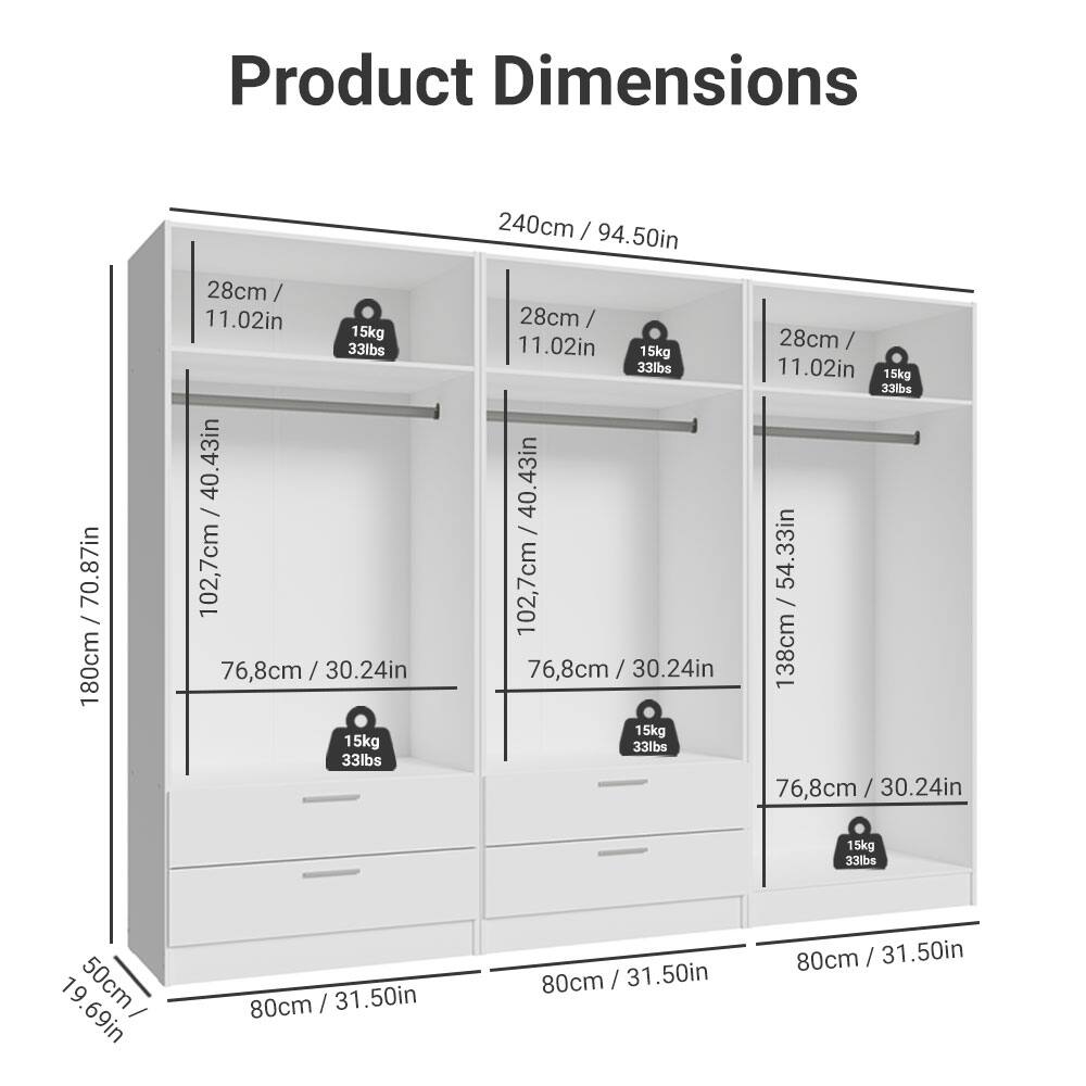 Product Dimensions

- 240cm / 94.50in
- 180cm / 70.87in
- 28cm / 11.02in
- 15kg / 33lbs
- 102.7cm / 40.43in
- 76.8cm / 30.24in
- 50cm / 19.69in
- 80cm / 31.50in
- 138cm / 54.33in
- 76.8cm / 30.24in