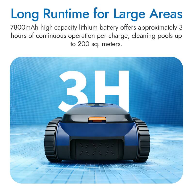 Long Runtime for Large Areas

7800mAh high-capacity lithium battery offers approximately 3 hours of continuous operation per charge, cleaning pools up to 200 sq. meters.