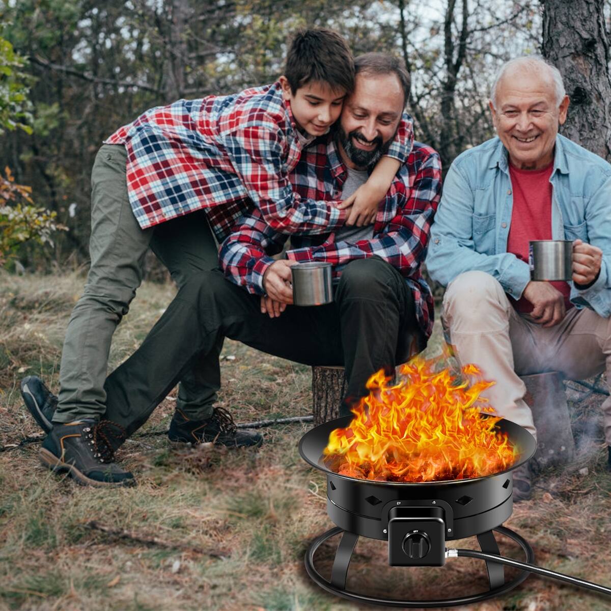 Angle. SKONYON - Portable Propane Fire Pit with 58000 BTU Output Metal Lid Lava Rocks and 10 Ft Hose.
