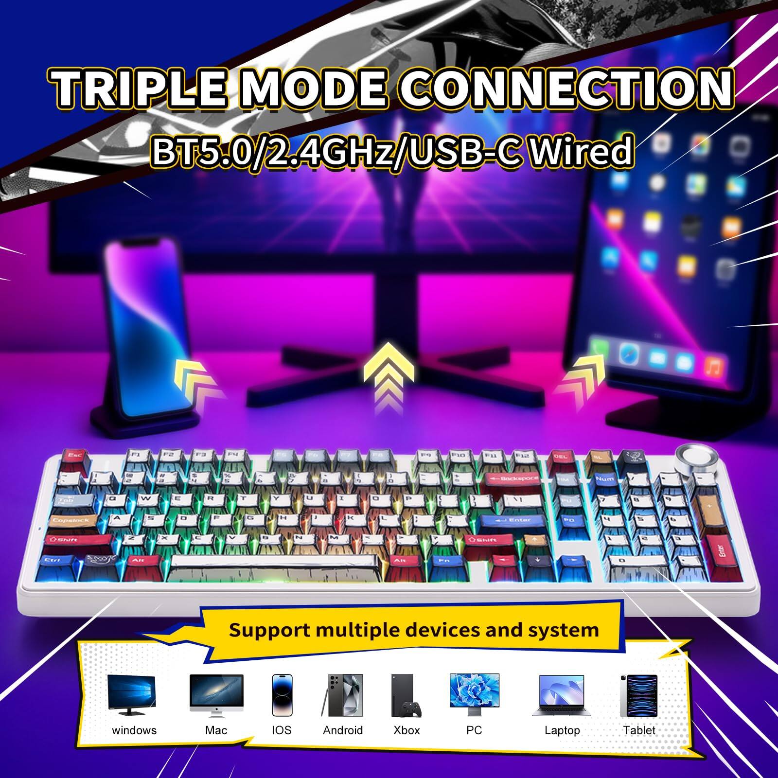 TRIPLE MODE CONNECTION  
BT5.0/2.4GHz/USB-C Wired  

Support multiple devices and system  
windows Mac iOS Android Xbox PC Laptop Tablet