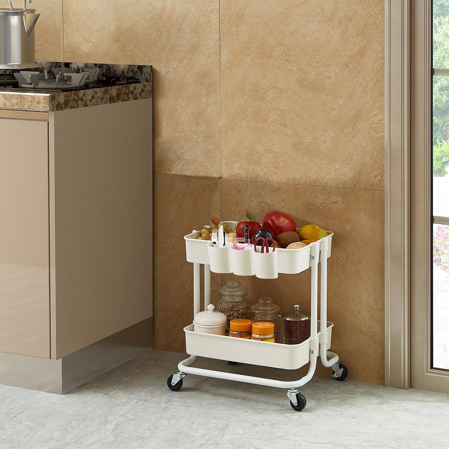 Alt View 3. JETRANSPORT - 2-tier Utility Rolling Cart Storage Sofa Side Table With Wheels Mobile Trolley Organizer For Office Home - B- White.