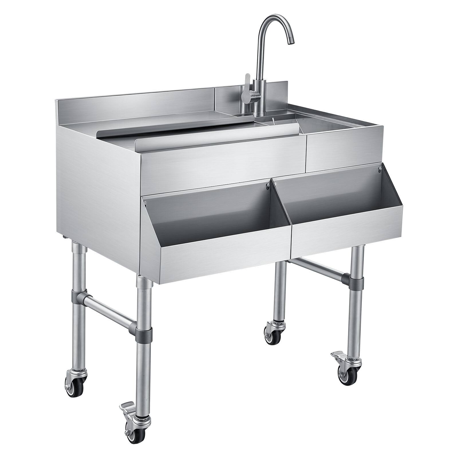 Alt View 5. VEVOR - Commercial Ice Bin with Sink & Faucet, 60 Qt Max Capacity, 24 x 19 x 35 Inch Stainless Steel Ice Chest with Sliding Lid - Silver.