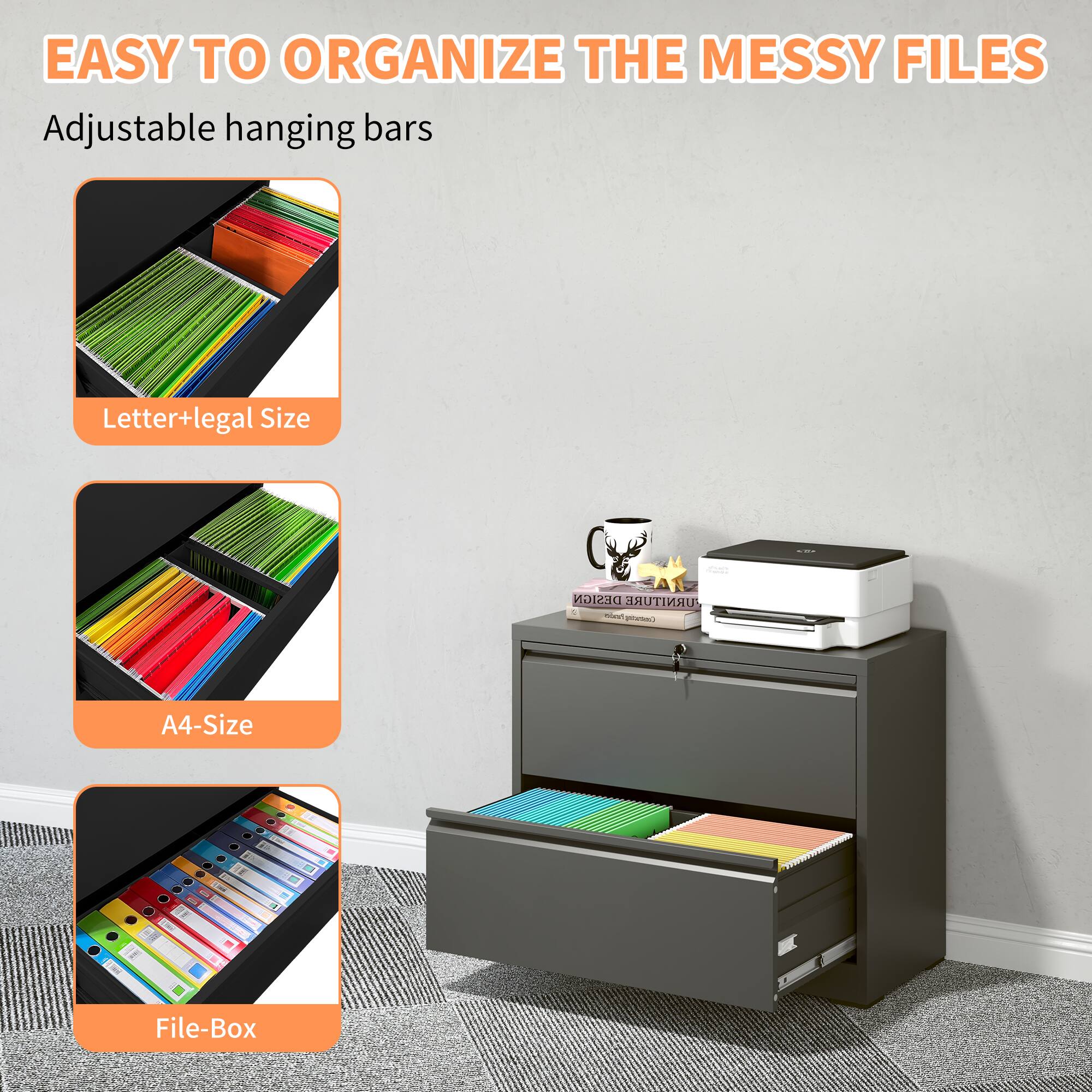 EASY TO ORGANIZE THE MESSY FILES

Adjustable hanging bars

- Letter+legal Size
- A4-Size
- File-Box