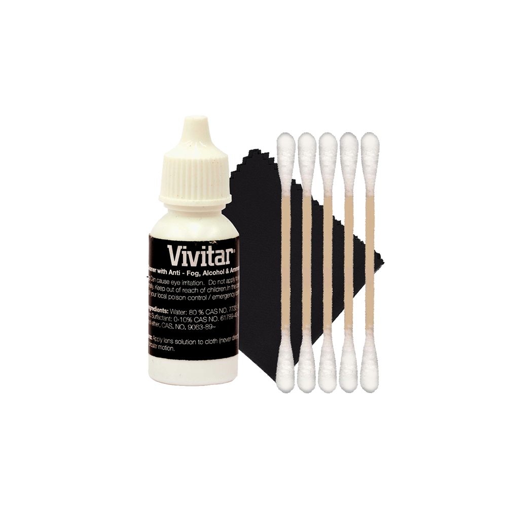 Vivitar  
Cleaner with Anti-Fog, Alcohol & Anti-Fog  
Do not cause eye irritation. Do not apply to eyes.  
Keep out of reach of children.  
For local poison control / emergency poison centers:  
Ingredients:  
Water: 80% CAS NO. 7732-18-5  
Sufficant: 0-10% CAS NO. 61782-89-1  
Other: CAS NO. 9063-89-1  
Apply lens solution to cloth (never motion).