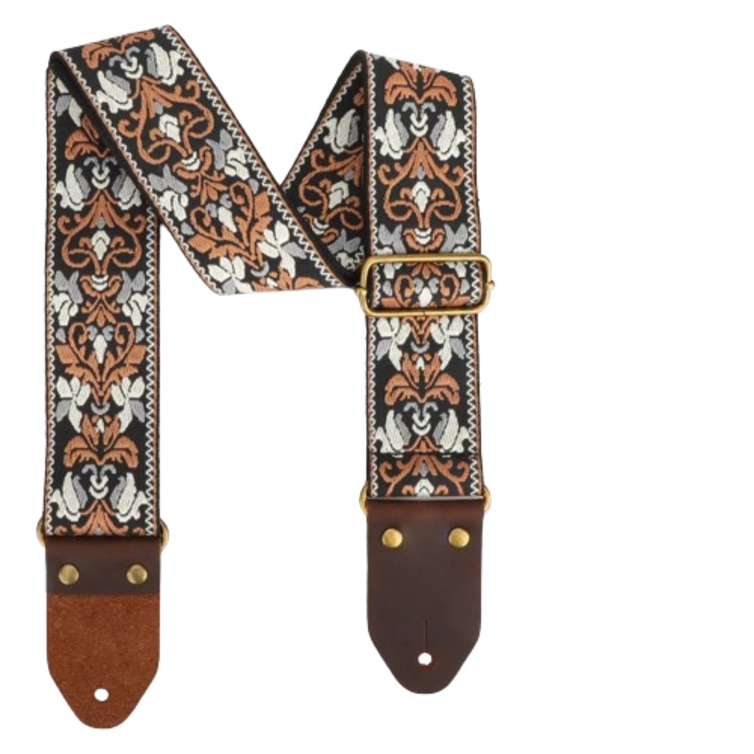 Front. Home Collection - Adjustable Guitar Strap 2" Wide Embroidered Cotton with Leather Ends for Acoustic Electric Bass - Type A - Multi-Color.