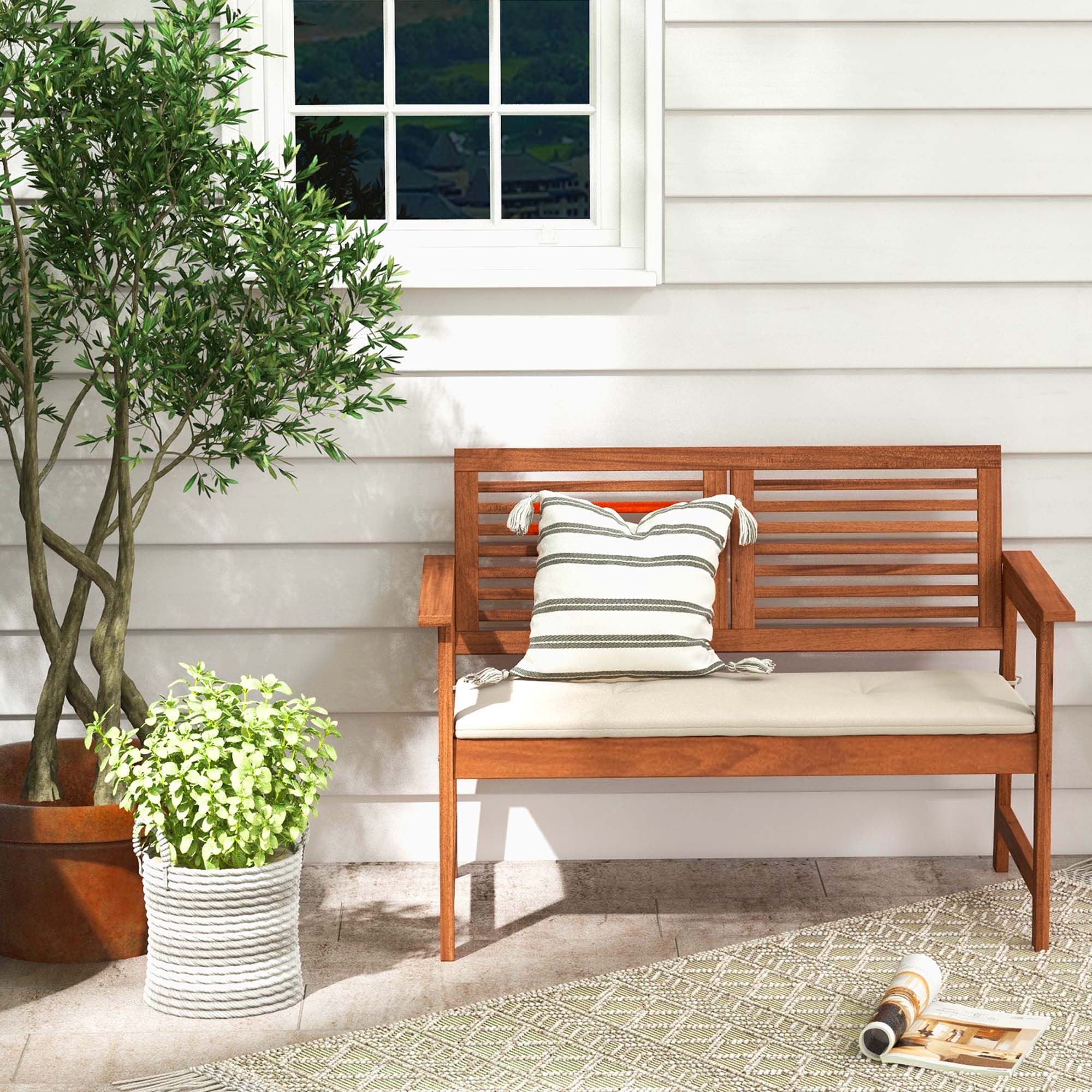 Alt View 2. Costway - Costway Patio Bench Outdoor Solid Wood Loveseat Chair with Backrest & Cushion Porch Garden - Natural,Off White.