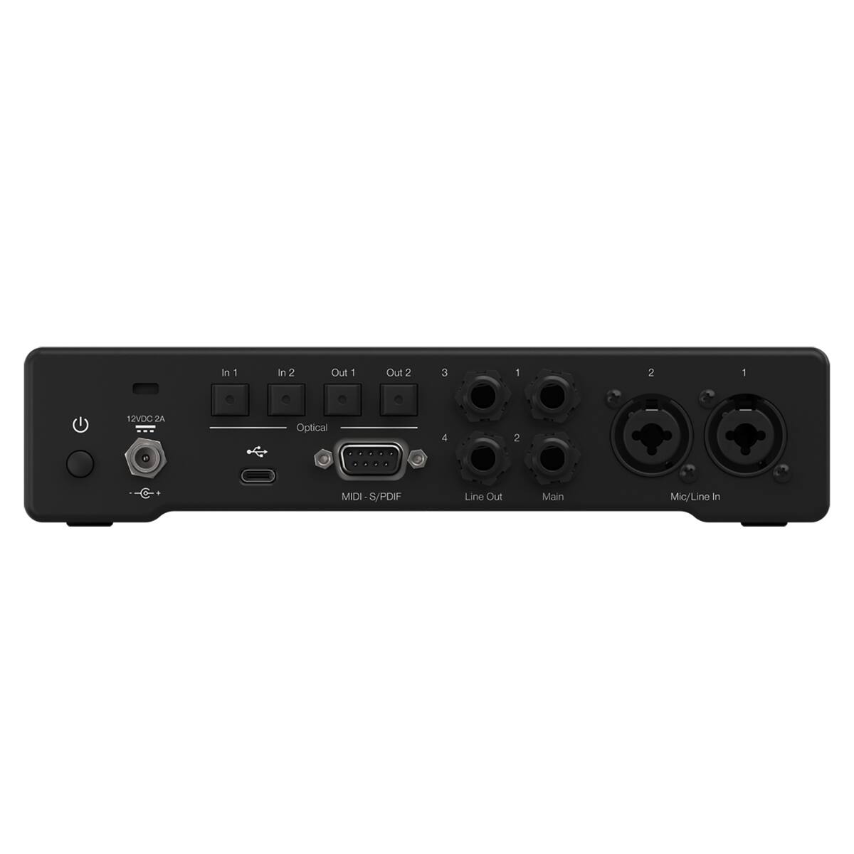 In 1, In 2, Out 1, Out 2, 12VDC 2A, Optical, MIDI / S/PDIF, Line Out, Main, Mic/Line In