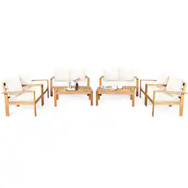 Costway - 8PCS Patio Furniture Set Acacia Wood Thick Cushion Loveseat Sofa - White
