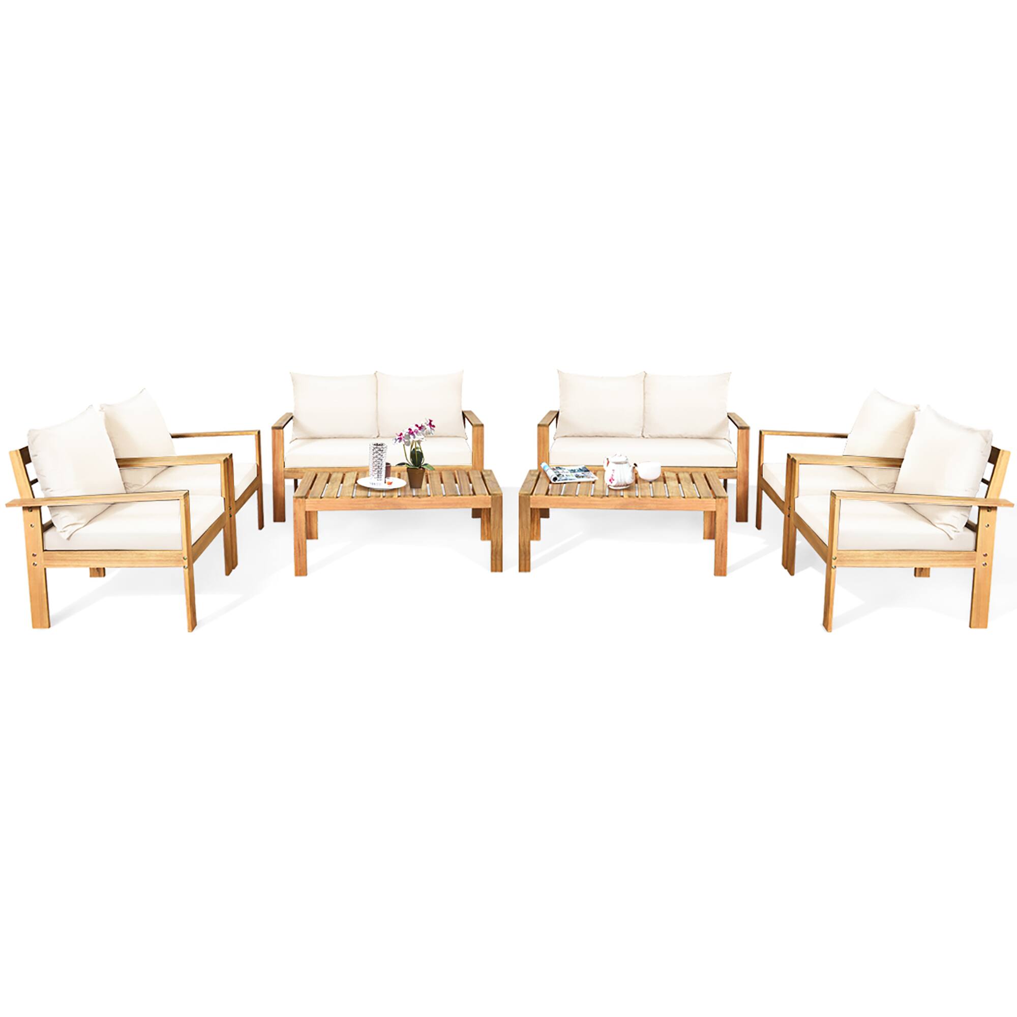 Front. Costway - Costway 8PCS Patio Furniture Set Acacia Wood Thick Cushion Loveseat Sofa - White.