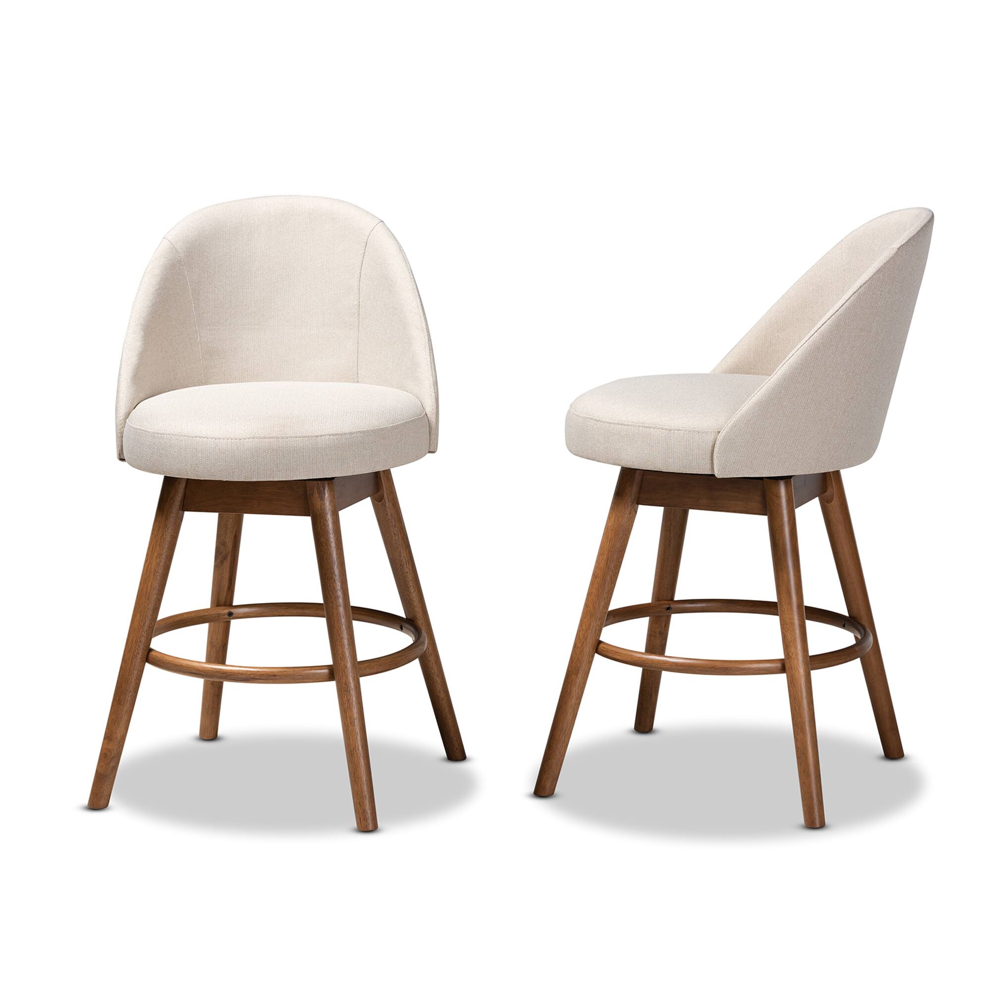 Left. Baxton Studio - Carra Mid-Century Modern Fabric Upholstered Walnut-Finished Wood Swivel Counter Stool Set - Beige.