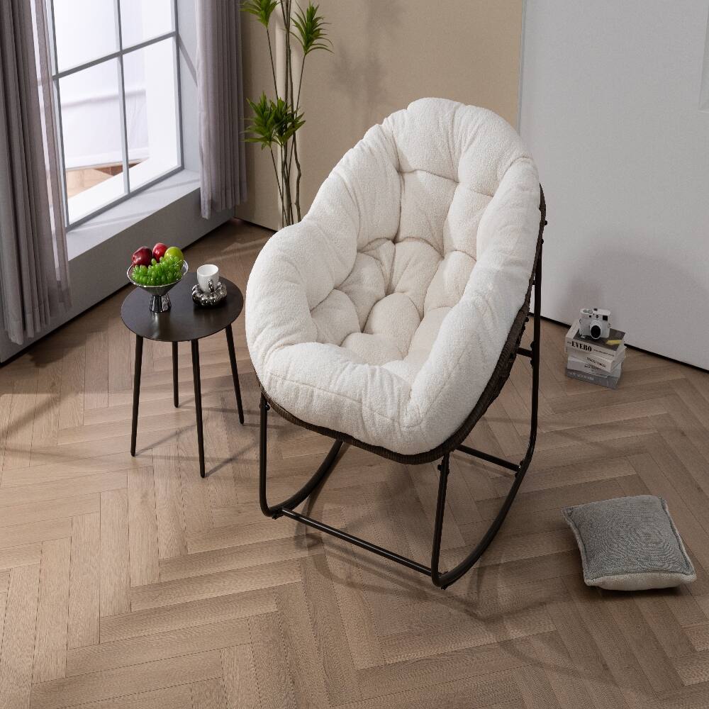 Alt View 4. Loheer - Loheer Outdoor Rocking Chair Oversized Egg Chair Rattan Patio Rocker with Padded Cushion White - White.