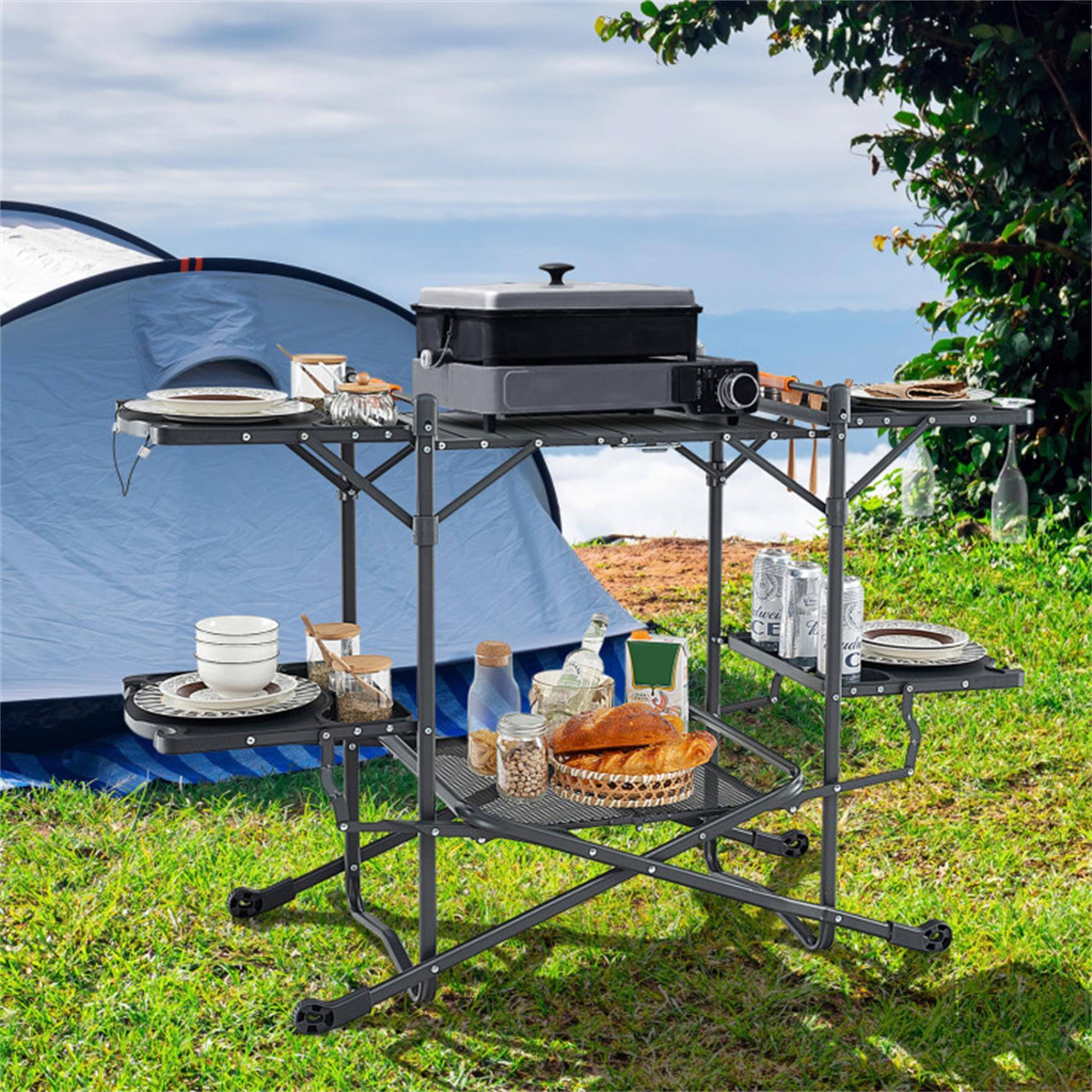 Alt View 2. Boyel Living - Silver Folding Portable Outdoor Cook Station 53-in L x 34.5-in W x 21.5-in H Camping Kitchen Table.