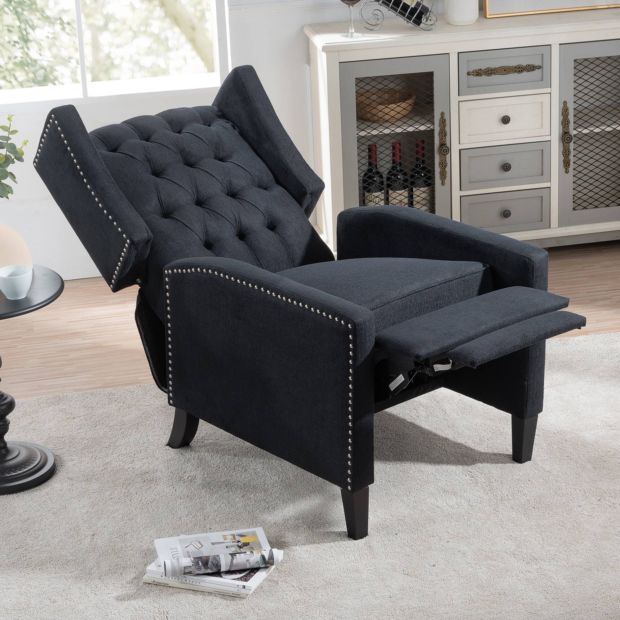 Angle. Boyel Living - Fabric Upholstered Tufted Manual Recliner Chair - Gray and Brown.