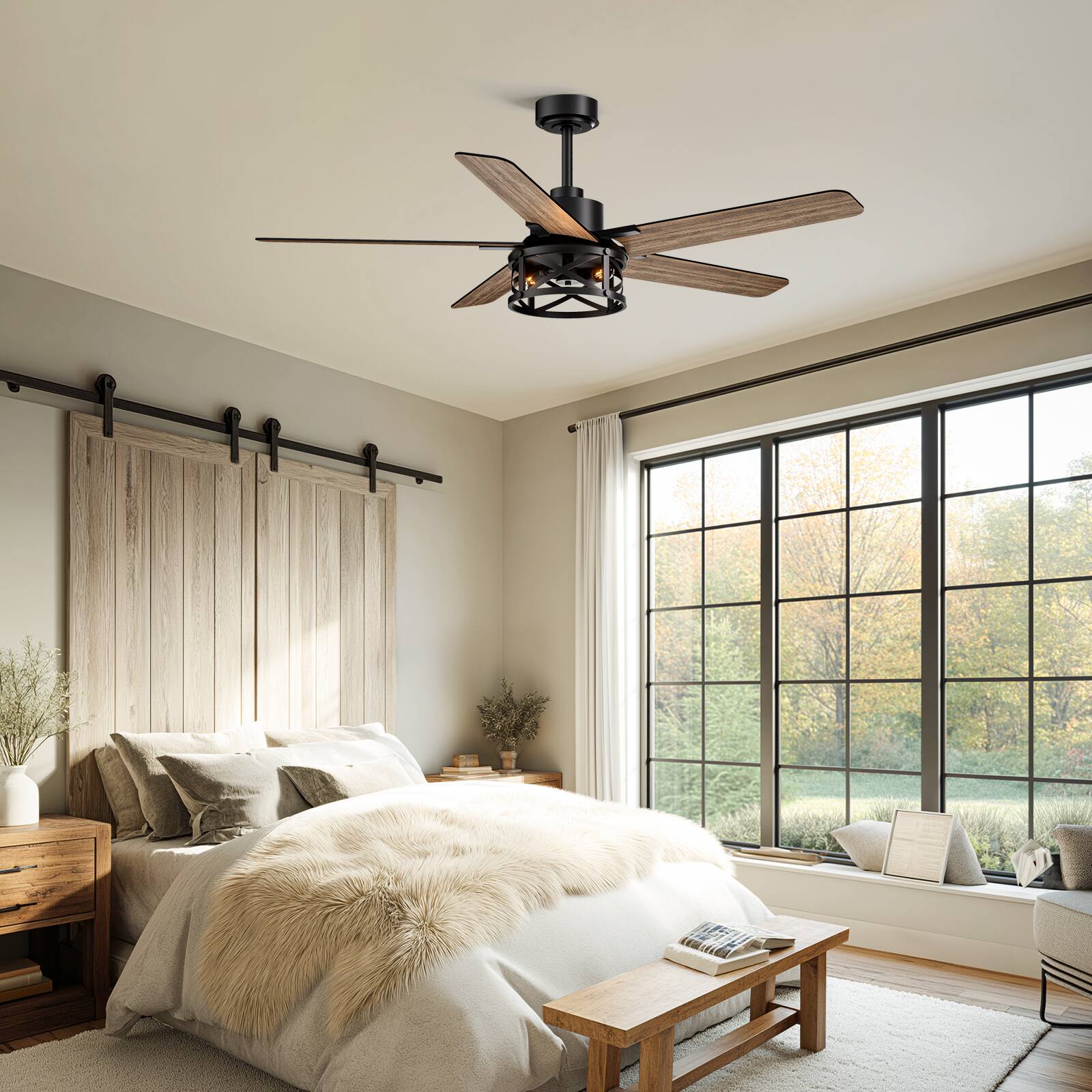 Alt View 5. Siljoy - 52-inch Modern Farmhouse Cage Flush Mount Fan with Light APP & Remote Control for Indoor Covered Patio - Matte Black.