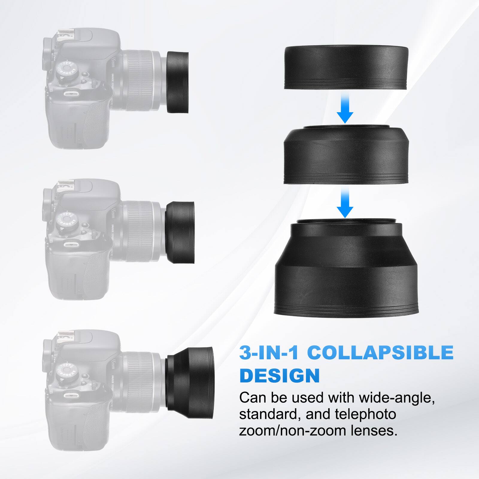 3-IN-1 COLLAPSIBLE DESIGN  
Can be used with wide-angle, standard, and telephoto zoom/non-zoom lenses.