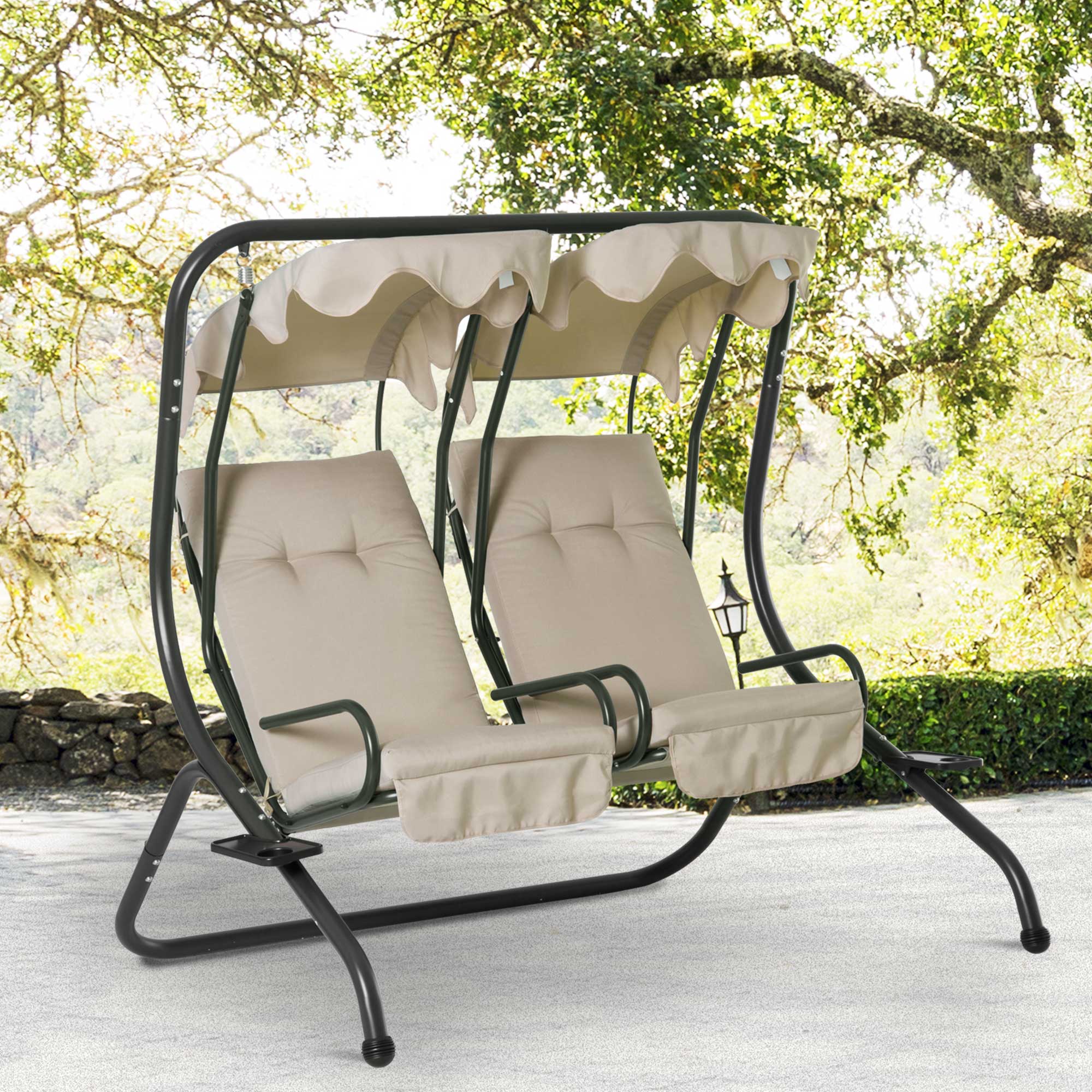 Alt View 1. Outsunny - Patio Swing Chair with 2 Separate Seats, Outdoor Swing Glider with Removable Canopy and Cup Holders, for Porch, Garden - Beige.