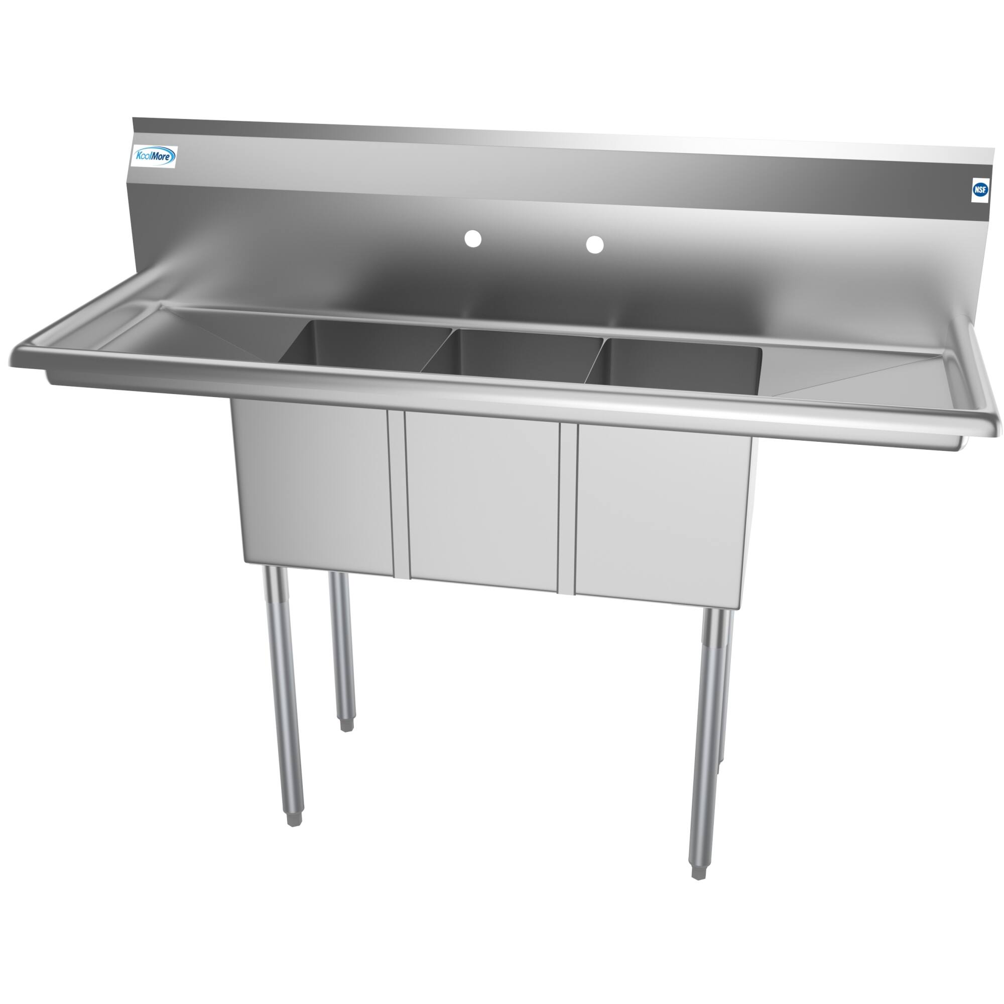 Alt View 2. Koolmore - 54 in. Three Compartment Stainless Steel  Sink with Drainboards, Bowl Size 10"x 14"x 10" SC101410-12B3. - Stainless Steel.
