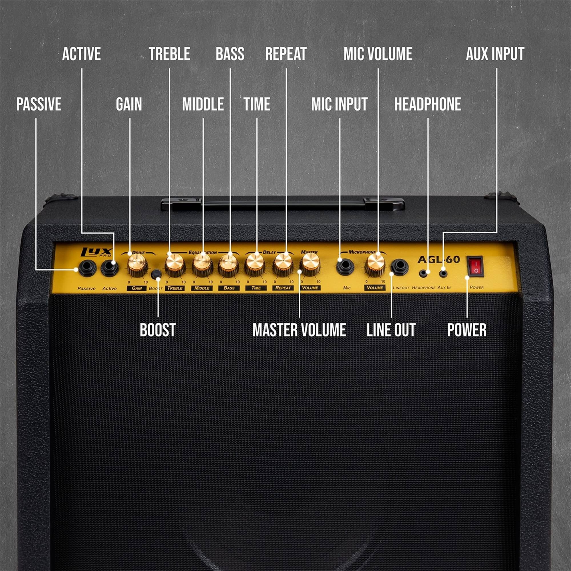 ACTIVE TREBLE BASS REPEAT MIC VOLUME AUX INPUT PASSIVE GAIN MIDDLE TIME MIC INPUT HEADPHONE BOOST MASTER VOLUME LINE OUT POWER