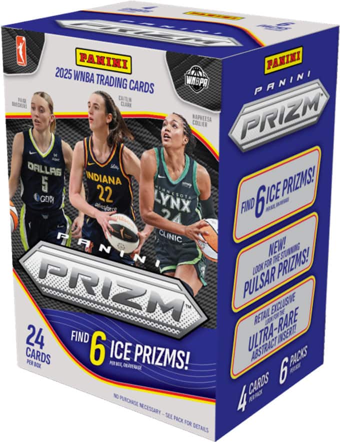 PANINI 2025 WNBA TRADING CARDS  
WNBA PANINI G  
CAITLIN BUECKERS  
CLARK  
NAPHEESA COLLIER  
PRIZM  
DALLAS  
5  
INDIANA  
22  
MINNESOTA  
24  
ICE PRIZMS!  
GEM  
PULSAR EXCLUSIVE  
RETAIL  
ULTRA-RARE  
ABSTRACT INSERT  
CARDS  
6  
PACKS  
4  
CARDS  
PER BOX  
PER PACK  
NO PURCHASE NECESSARY  
SEE PACK FOR DETAILS