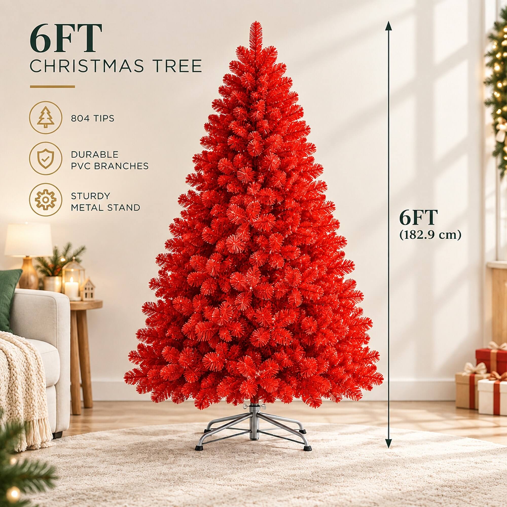 6FT CHRISTMAS TREE

804 TIPS

DURABLE PVC BRANCHES

STURDY METAL STAND

6FT (182.9 cm)