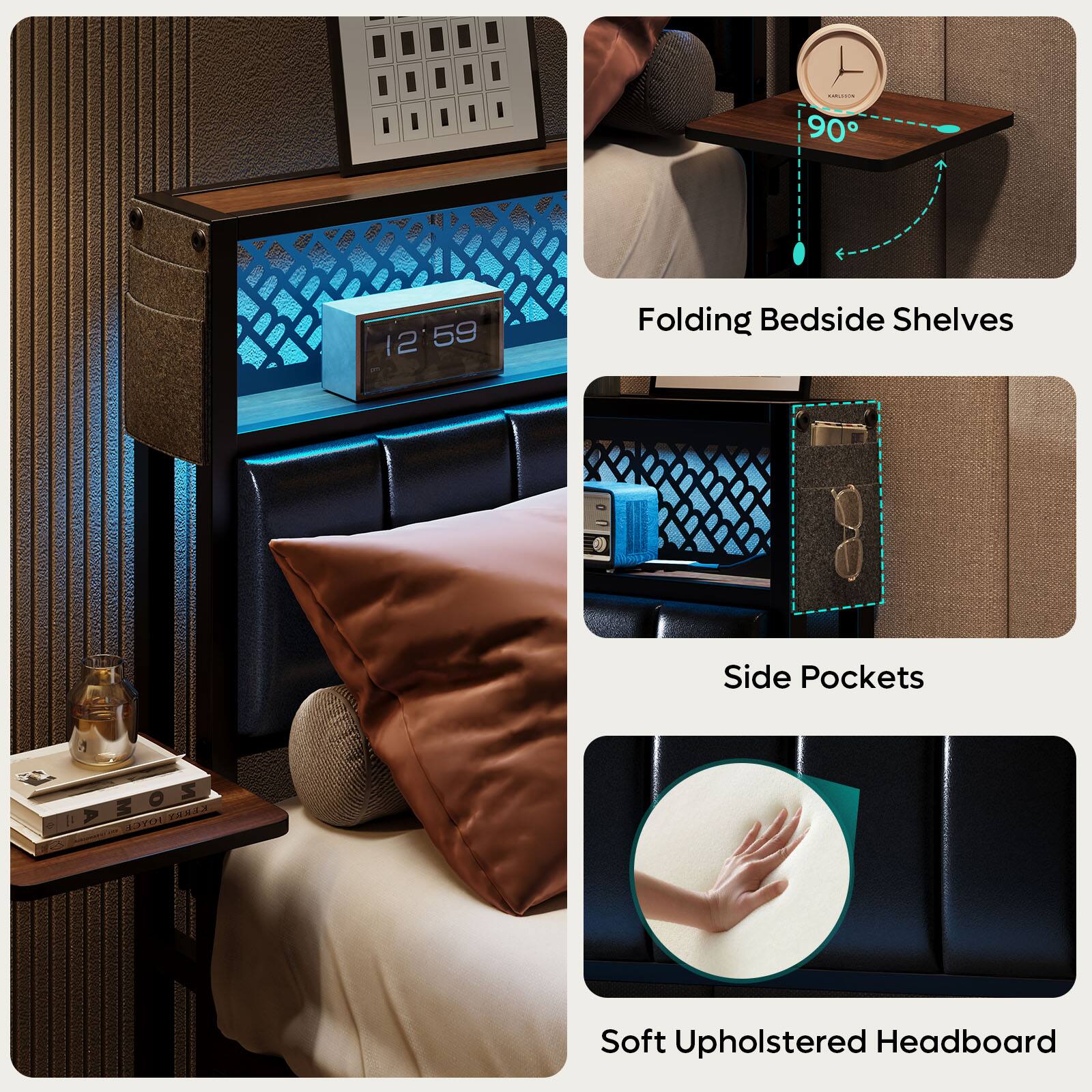 L - 90 12 59 Folding Bedside Shelves & Side Pockets PSOS M HOTOLYANS 19701 43 n Soft Upholstered Headboard

- Folding Bedside Shelves
- Side Pockets
- Soft Upholstered Headboard