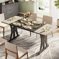 Front. Bestier - 70" Farmhouse Dining Table, Fits 6-8, Multi-Color for Retro/Modern, Kitchen, Party Desk - Gray.