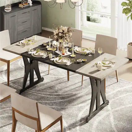 Front. Bestier - 70" Farmhouse Dining Table, Fits 6-8, Multi-Color for Retro/Modern, Kitchen, Party Desk - Gray.