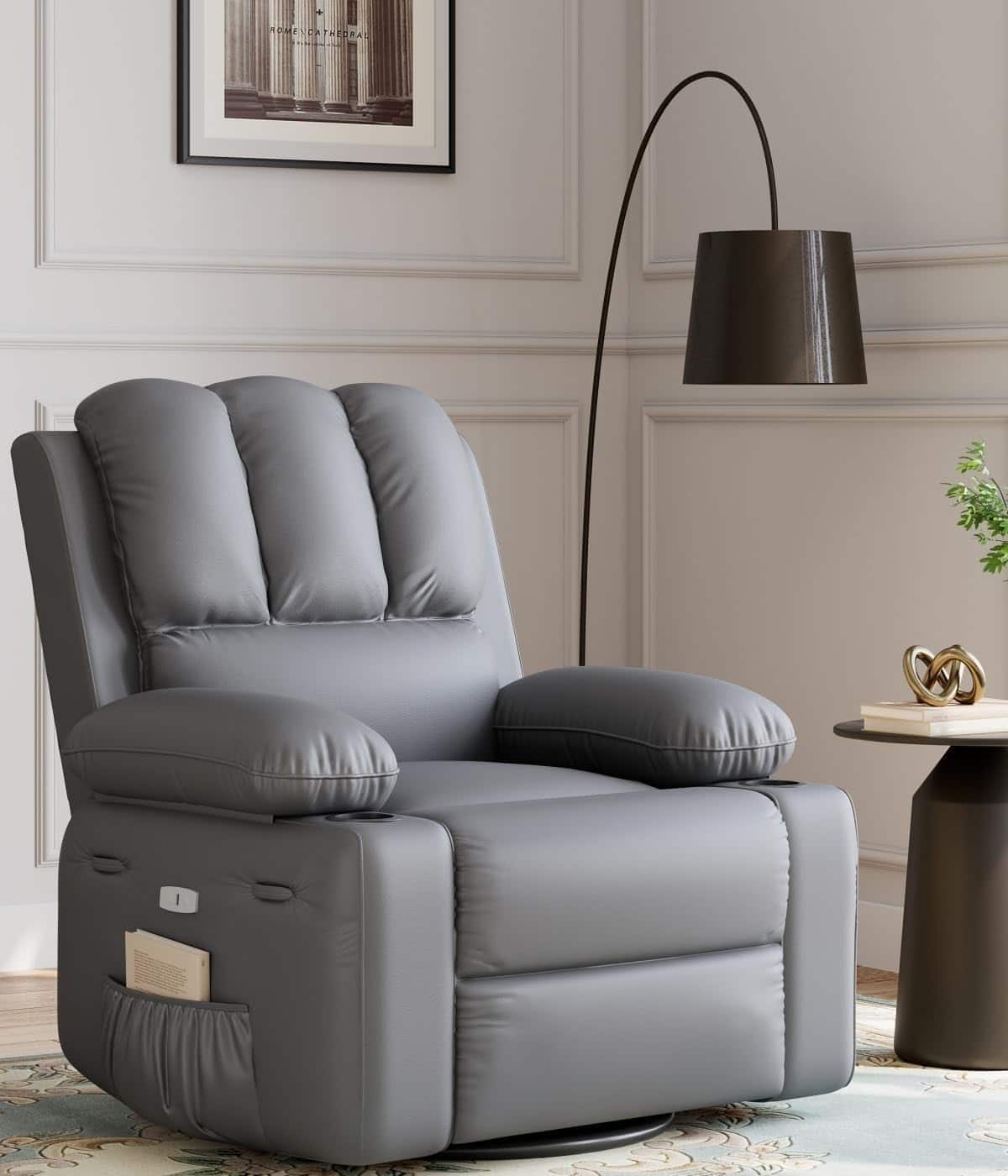 Babevy - 37.4" Electric Power Recliner with Heat and Massage, Recliner Chair 26.8" Seat with Cup Holders - Gray