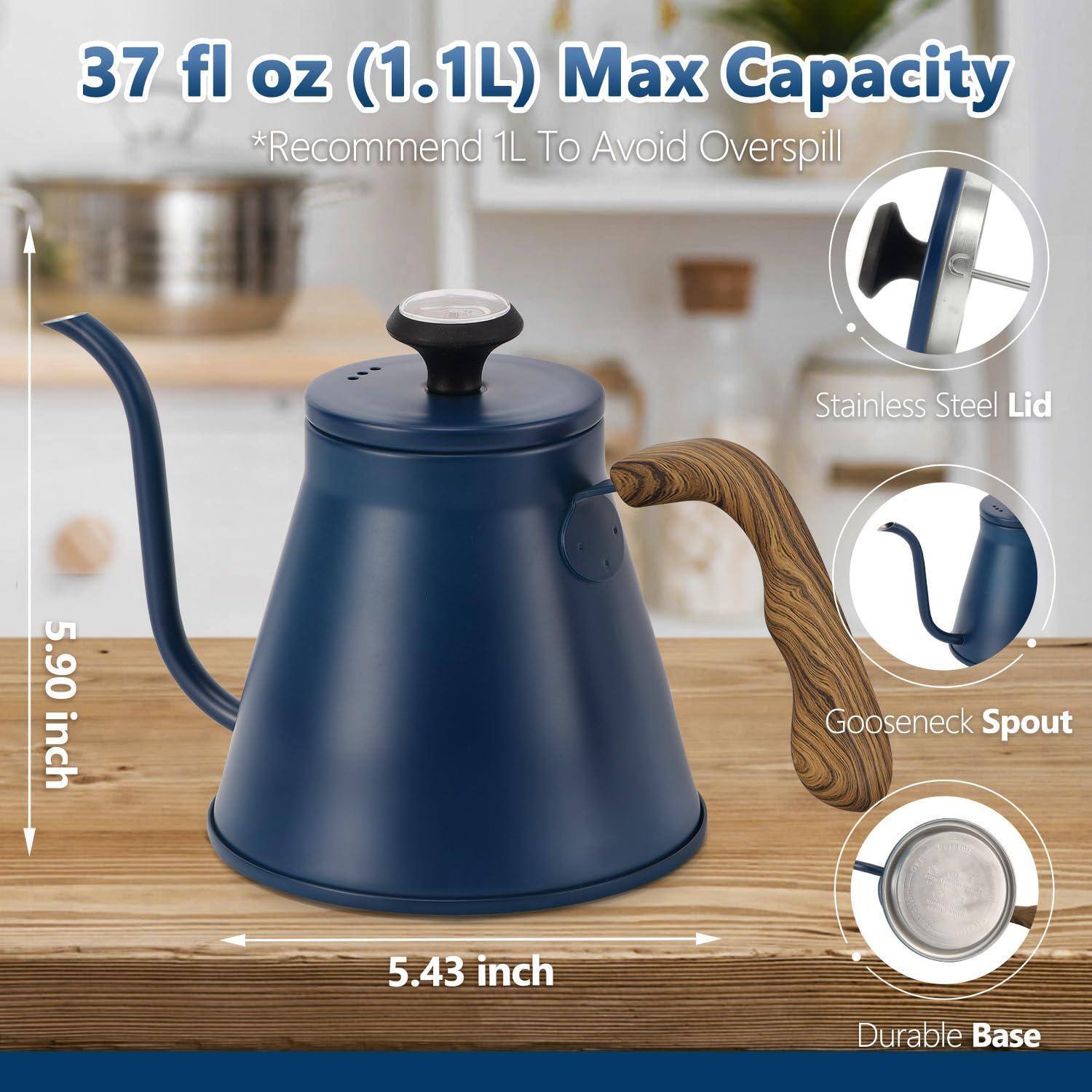 37 fl oz (1.1L) Max Capacity  
*Recommend 1L To Avoid Overspill  

Stainless Steel Lid  
Gooseneck Spout  
Durable Base  

5.90 inch  
5.43 inch