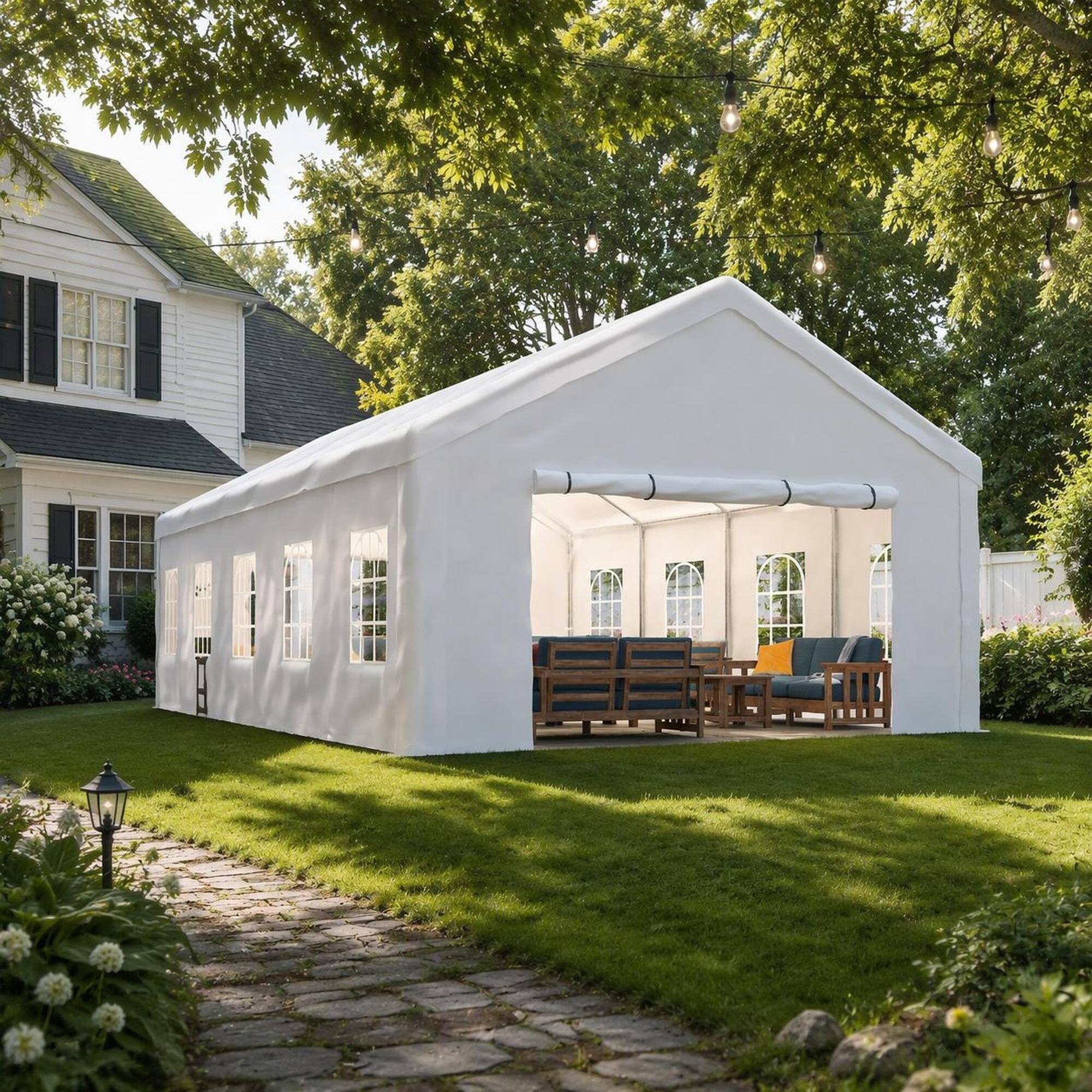 Angle. RYHNUYNE - 16x32 FT Party Tent 3 Bags Removable Sidewalls Canopy Weddings BBQs Camping Carports - White.