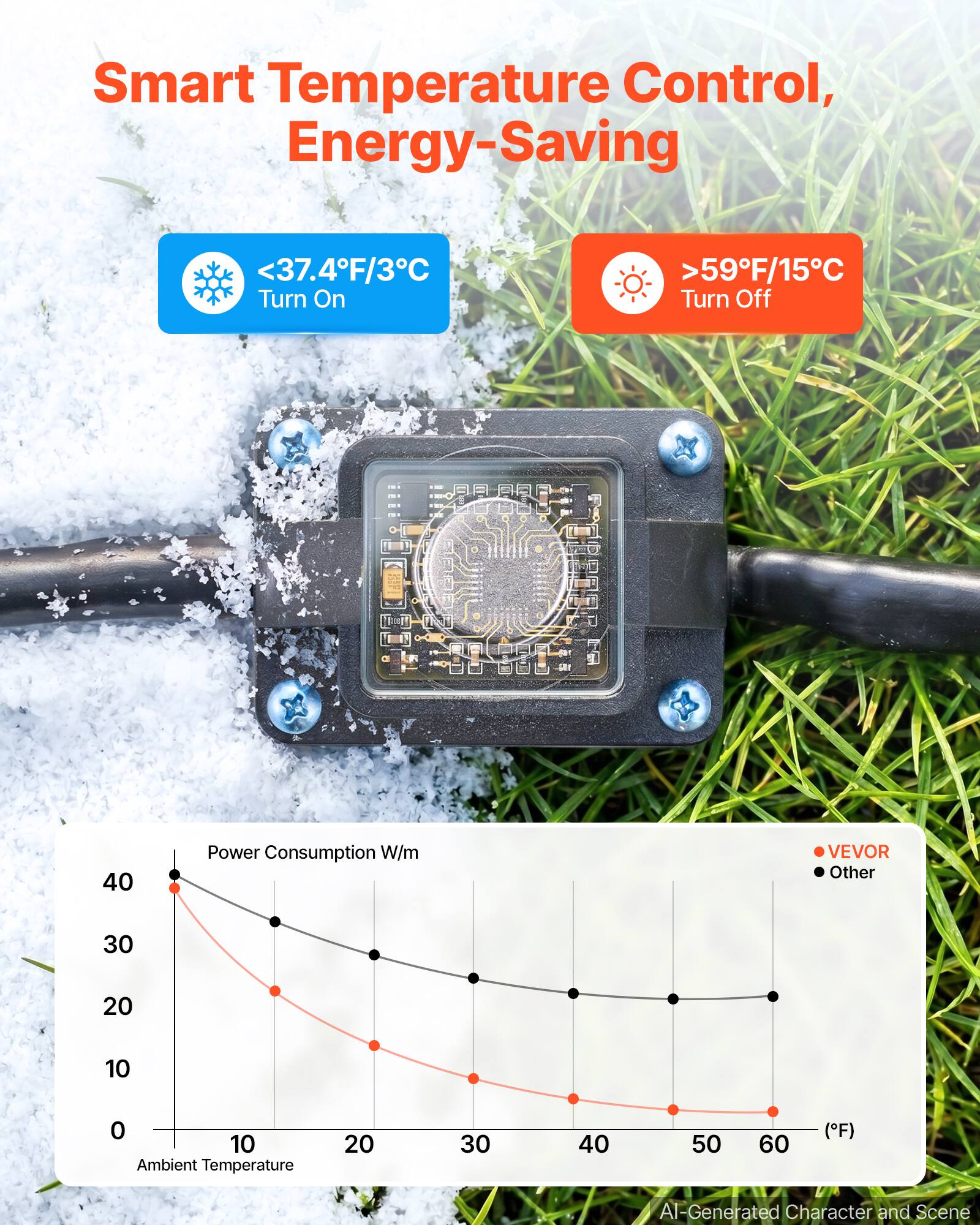 Smart Temperature Control, Energy-Saving

<37.4°F/3°C Turn On
>59°F/15°C Turn Off

Power Consumption W/m

VEVOR
Other

Ambient Temperature (°F)

AI-Generated Character and Scene
