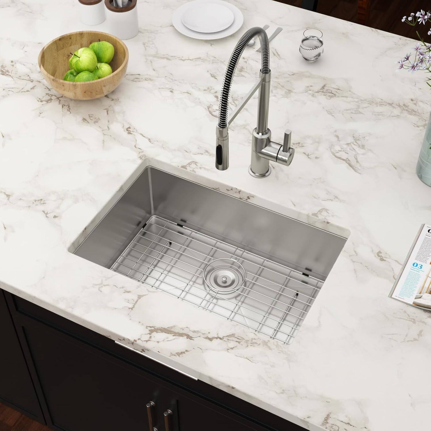 Left. MOOSOO - 26 Inch Undermount Kitchen Sink 16 Gauge Stainless Steel Single Bowl Deep Kitchen Sinks Under Counter Basin 26"x18"x9" - Silver.