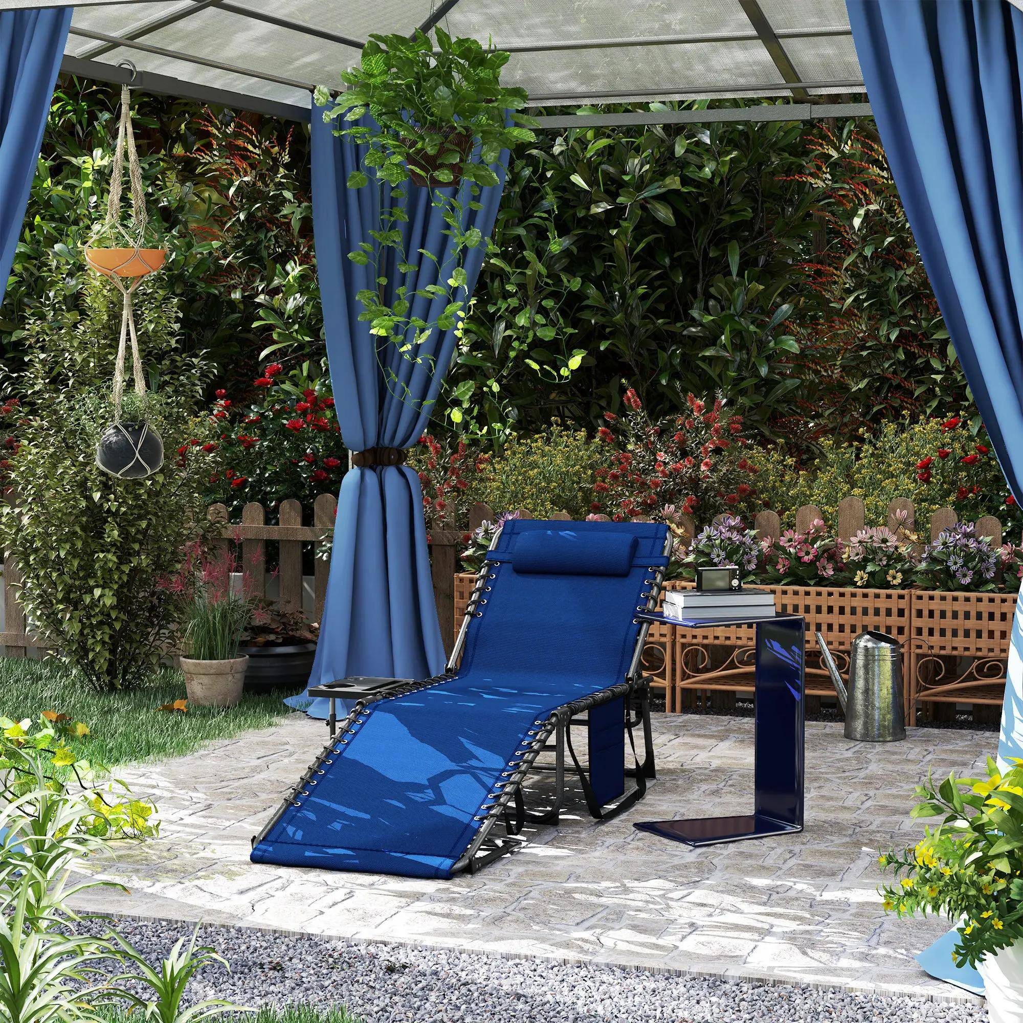 Left. Resenkos - Resenkos Folding Outdoor Chaise Lounge Chair Tanning Chair With 5-Level Adjustable Back, Pocket, Dark Blue - Dark Blue.