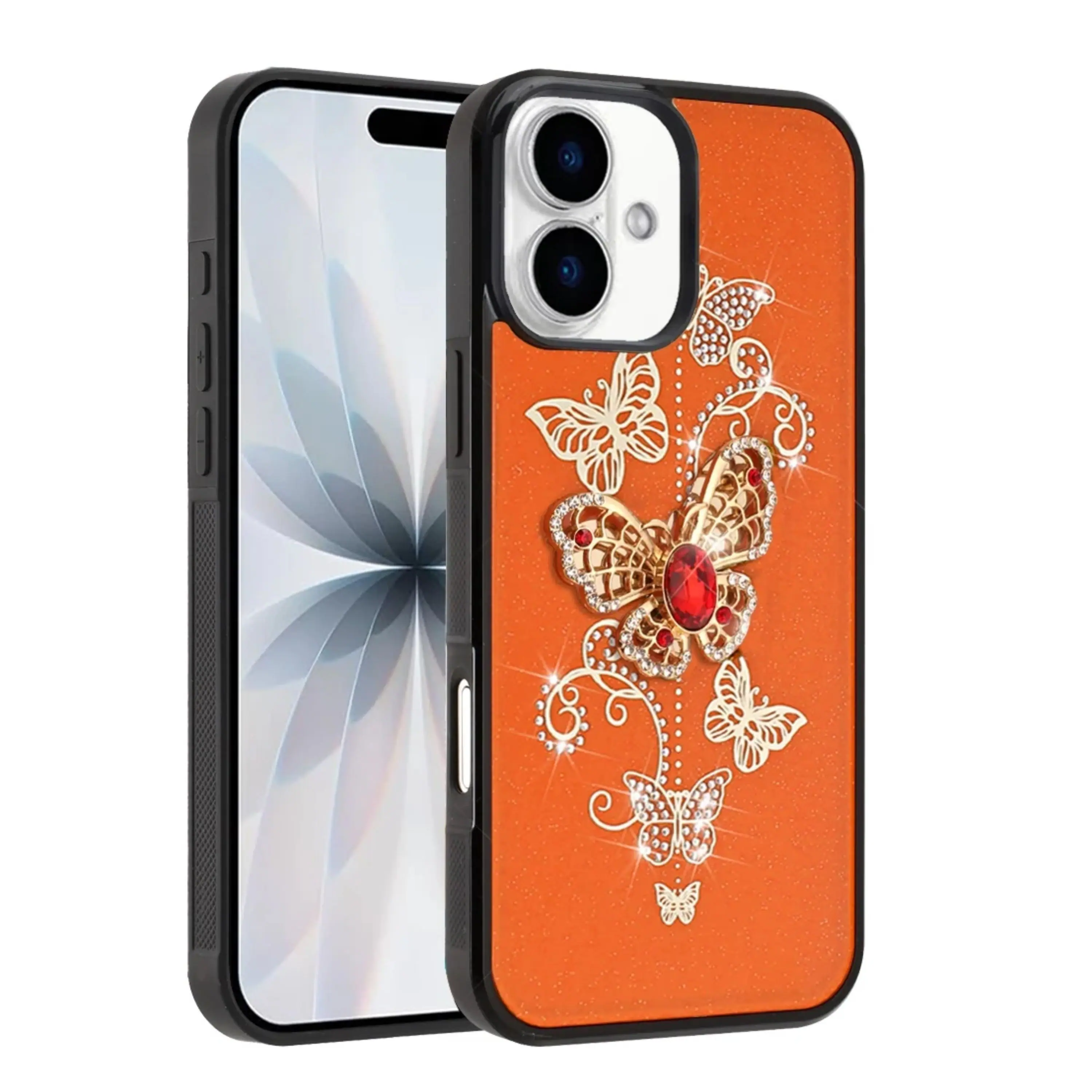 Angle. Kitcheniva - Rhinestone Glitter Butterflies Design Phone Case With Tempered Glass For iPhone 17 Cosmic Orange - Cosmic Orange.