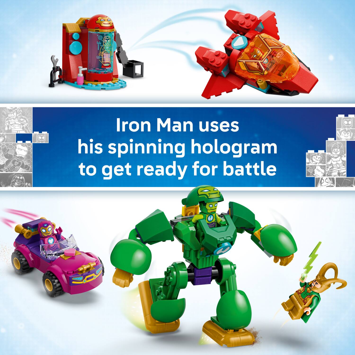 Iron Man uses his spinning hologram to get ready for battle