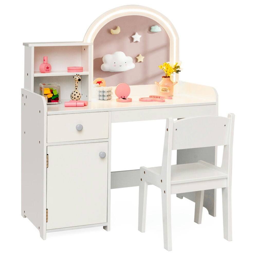 Back. Pefilos - Kids Vanity Table and Chair Set with Shelves Drawer and Cabinet-White, Girls Vanity for Girls Kids - White.