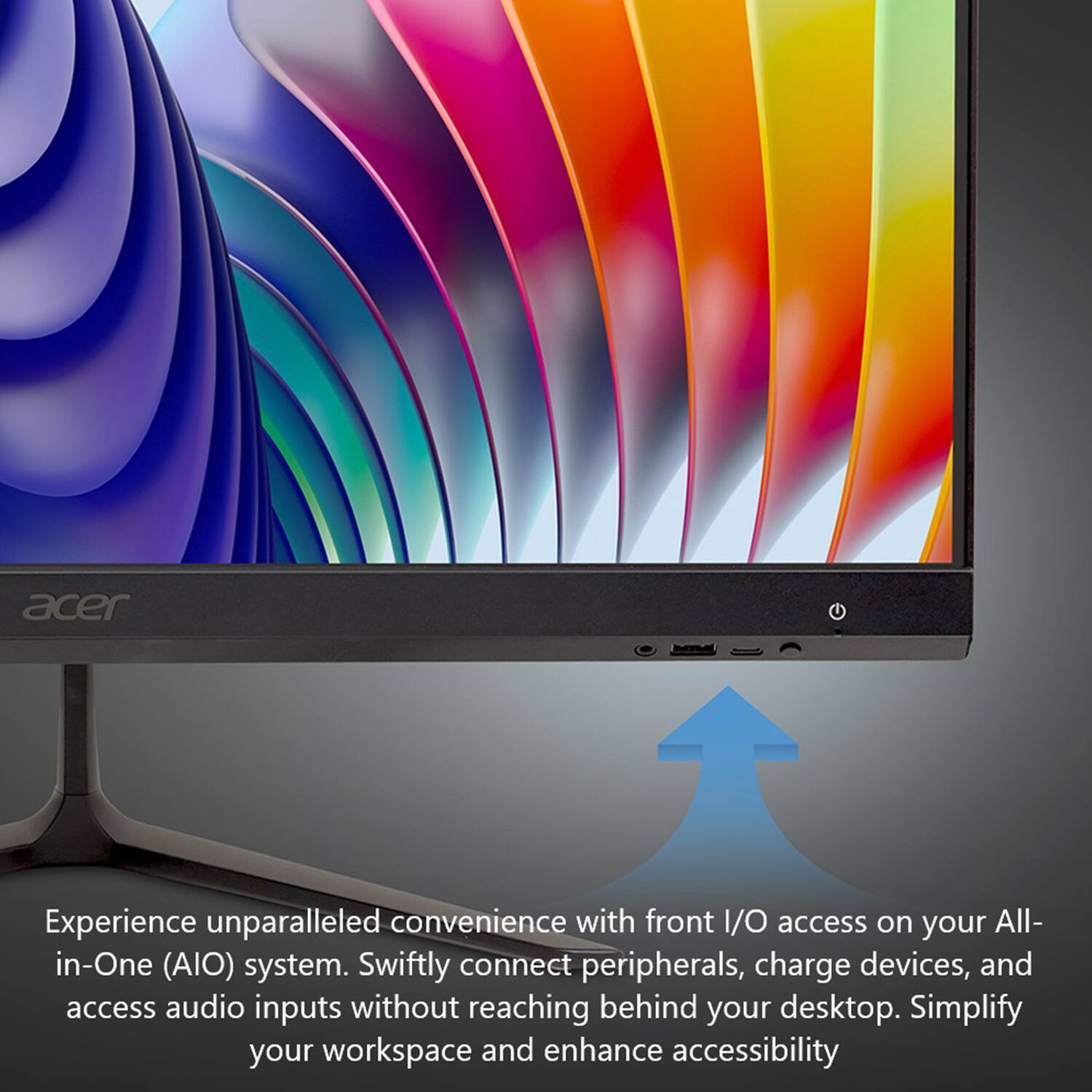 acer Experience unparalleled convenience with front I/O access on your All-in-One (AIO) system. Swiftly connect peripherals, charge devices, and access audio inputs without reaching behind your desktop. Simplify your workspace and enhance accessibility.