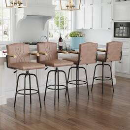 Vecelo - PU Leather Bar Stool Set Of 4 With Arms -Metal Frame, Wooden Arms And Floor Protectors - Brown
