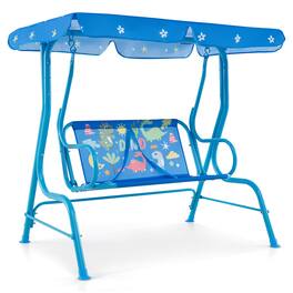Costway - 2-Seater Toddler Porch Swing Chair with Metal Stand Adjustable Canopy Safety Belts - Blue