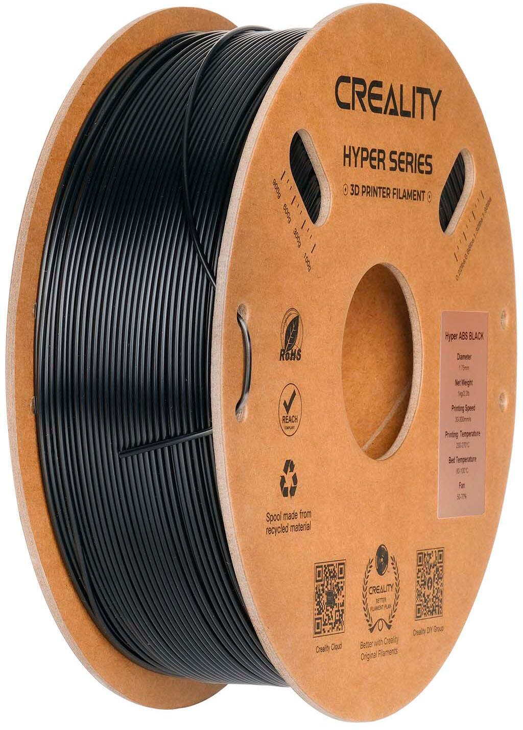Creality Hyper Series 3D Printer Filament 1.75mm Black 100g. This filament is made from recycled material and is compatible with Creality 3D printers. It has a diameter of 1.75mm and is suitable for printing at a temperature of 20°C. The filament is also RoHS and REACH compliant, ensuring that it is safe and environmentally friendly. Creality Cloud is recommended for better printing results with Creality Original Filaments.