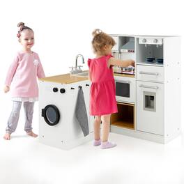 Gymax - Kids 2-Piece Kitchen Play Set Pretend Chef Toy Set w/ Range Hood & Stove Burner - White + Natural