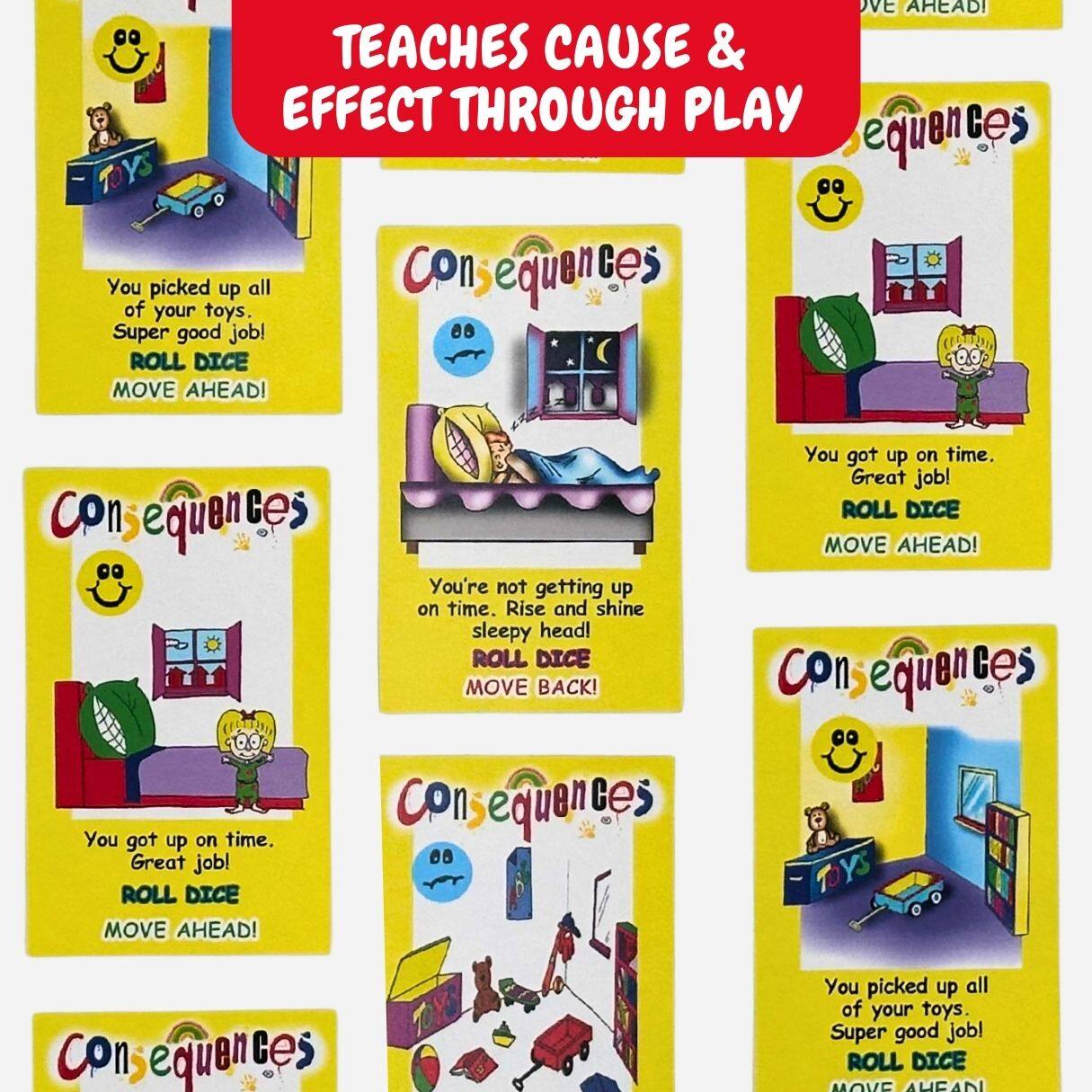 TEACHES CAUSE & EFFECT THROUGH PLAY

Consequences

You picked up all of your toys. Super good job!
ROLL DICE MOVE AHEAD!

You got up on time. Great job!
ROLL DICE MOVE AHEAD!

You're not getting up on time. Rise and shine sleepy head!
ROLL DICE MOVE BACK!

You got up on time. Great job!
ROLL DICE MOVE AHEAD!

You picked up all of your toys. Super good job!
ROLL DICE MOVE AHEAD!