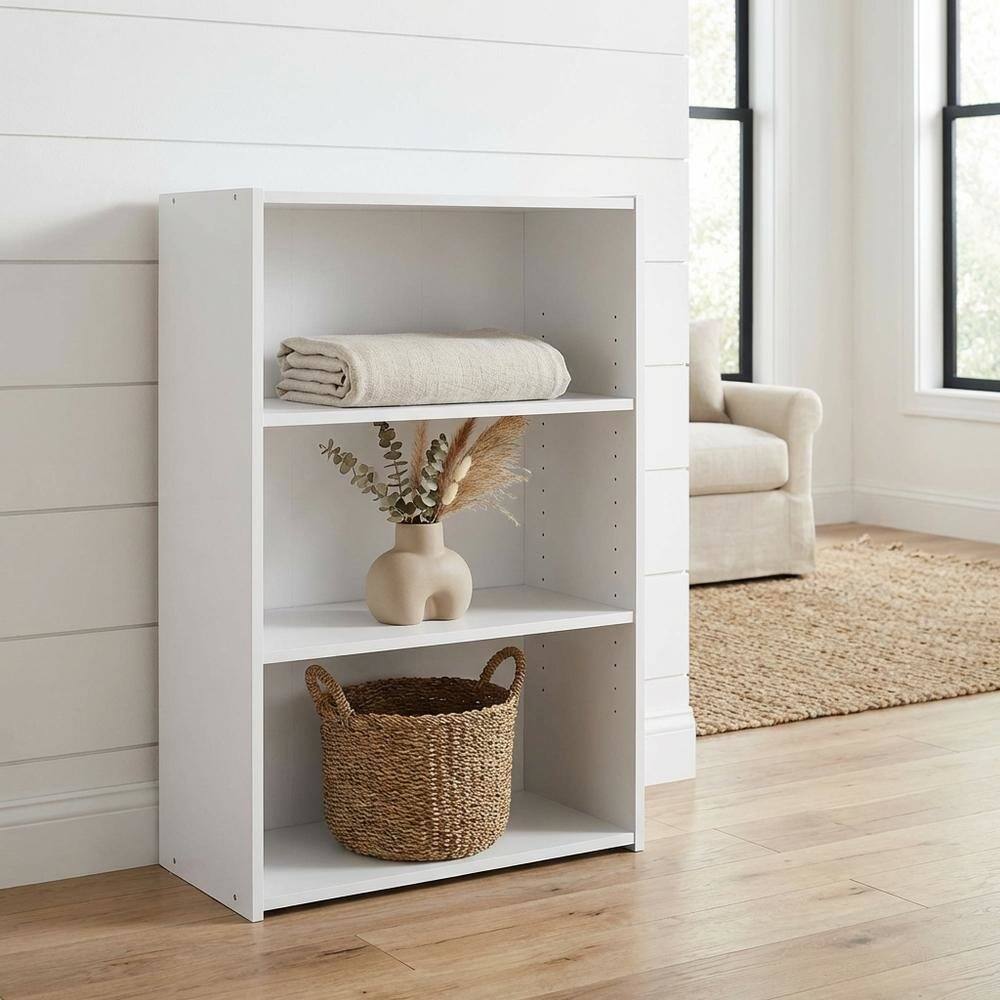 Angle. FurniFact - White 3-Shelf Bookcase with Wooden Construction for Living Room and Office - Soft White.